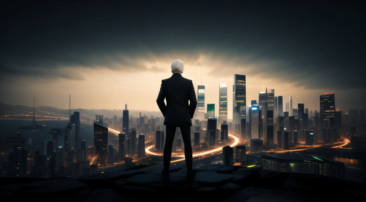 um homem velho, white hair standing on a ledge overlooking a city, Olhando para a cidade, com vista para uma cidade moderna, Olhando para a cidade, an old man foot, standing on a skyscraper rooftop, Cidade em segundo plano, he is traversing a shadowy city, in front of a sci fi cityscape, creating an ominous presence, cidade em segundo plano, cabelos brancos.