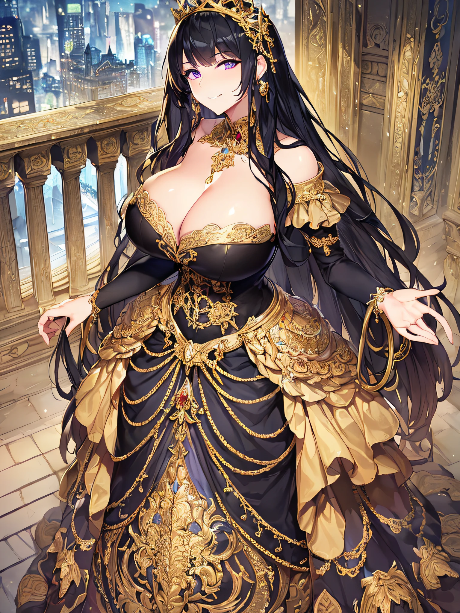 ((anime artstyle)),(Masterpiece),(Best Quality),(Super Detail),(Very Delicate and Beautiful),Solo,((full body)),from above,BlingBling,(standing in the balcony,Overlooking a detailed night view,outdoor),((1 arrogant princess in beautiful embroidery black and gold gorgeous rococo ballgown with ruffled voluminous full length hoop skirt)),(crinoline),gorgeousfull embroidery,Long train,(((arrogant,haughty))),((arrogant smile)),Sharp eyes,(gorgeous gemstone jewelry),detailed face and eyes,jewel-like eyes,Purple eyes,(Bangs between eyes),((large amount of straight hair,extremely Long voluminous black Hair)),((gigantic tits,Long tits)),gorgeousfull embroidery,cleavage,extremely gorgeousfull hair ornament,(bling-bling extremely gorgeousfull jeweled tiara),gorgeous corsage,(Dynamic Angle),Looking at viewer,((full body)),outdoor,((beautiful embroidery black and gold gorgeous rococo ballgown with voluminous full length hoop skirt))