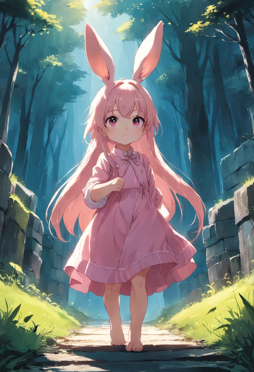 A  rabbit with three ears，A littlewore a long pink dress