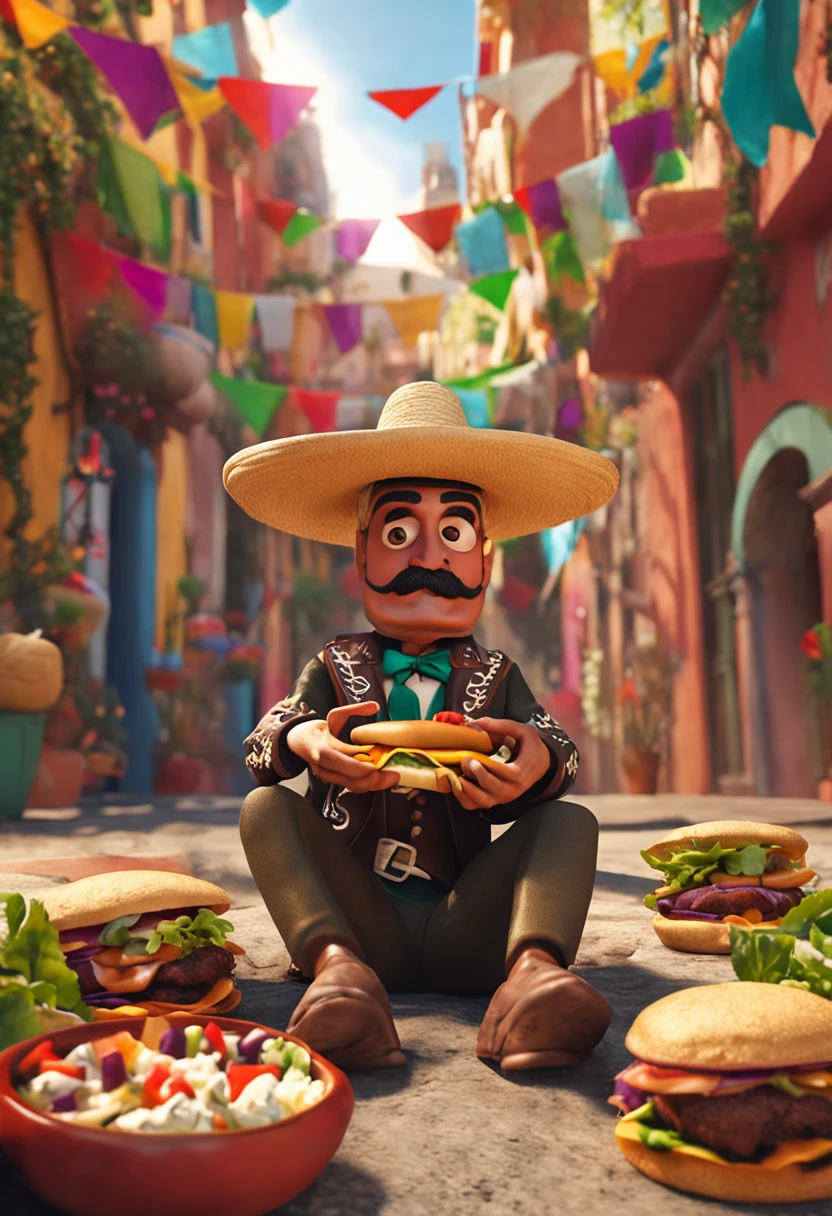 Um velho mexicano mariachi gordo de meia-idade com barba castanha comendo burguer, sombrero hat, vestido tradicional mariachi, Pixar, corpo inteiro, frente pura, hands stretched forward, light perception, detalhes otimizados. Scenario with marijuana plants, plantas cannabis ao redor
