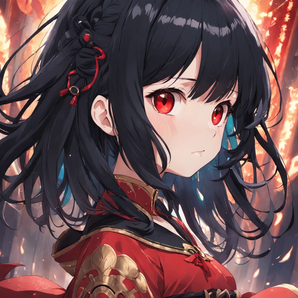 black color hair, red color eyes, The bangs are long, The back is short hair, Round face, The expression is cold, Wear a gorgeous princess dress