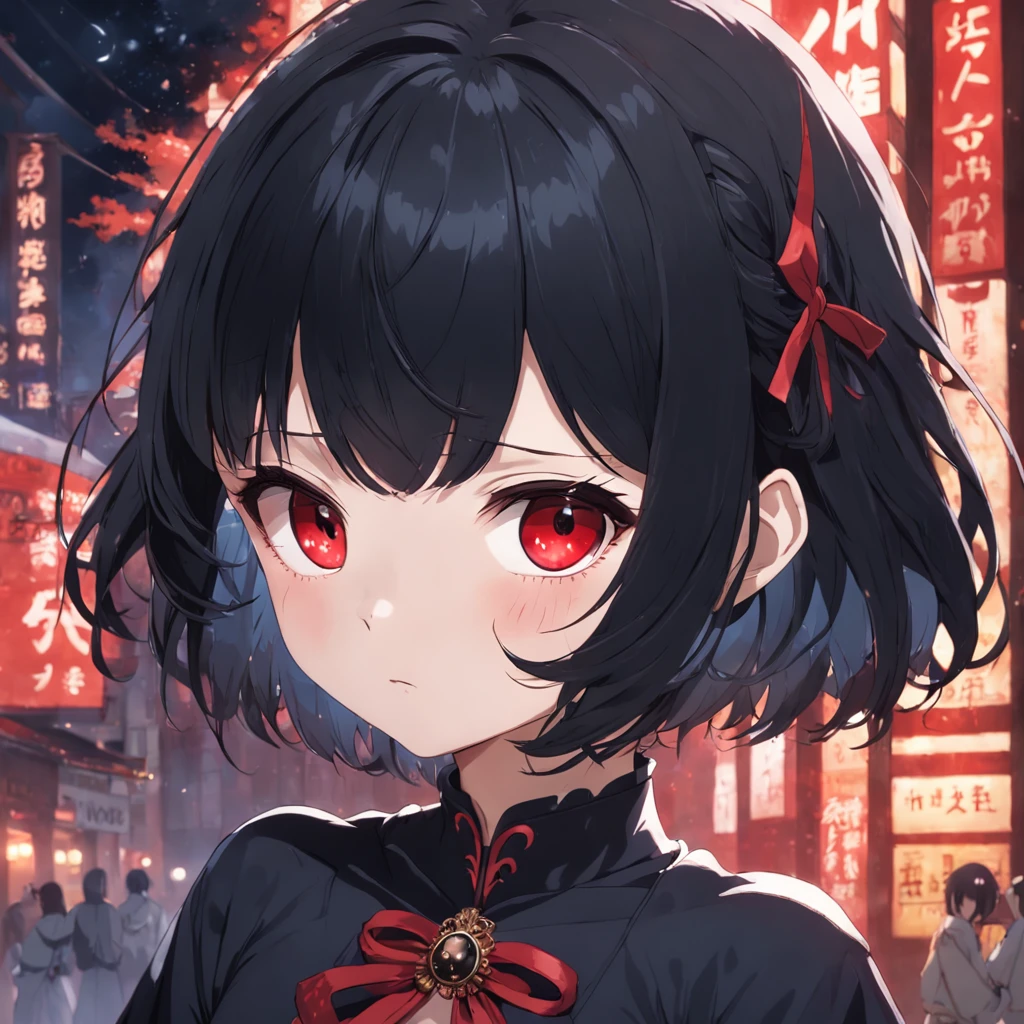 black color hair, red color eyes, The bangs are long, The back is short hair, Round face, The expression is cold, Wear a gorgeous princess dress
