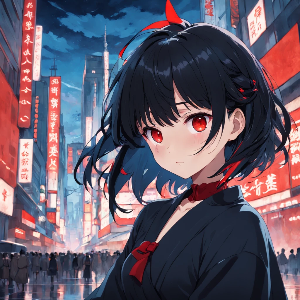 black color hair, red color eyes, The bangs are long, The back is short hair, Round face, The expression is cold, Wear a gorgeous princess dress