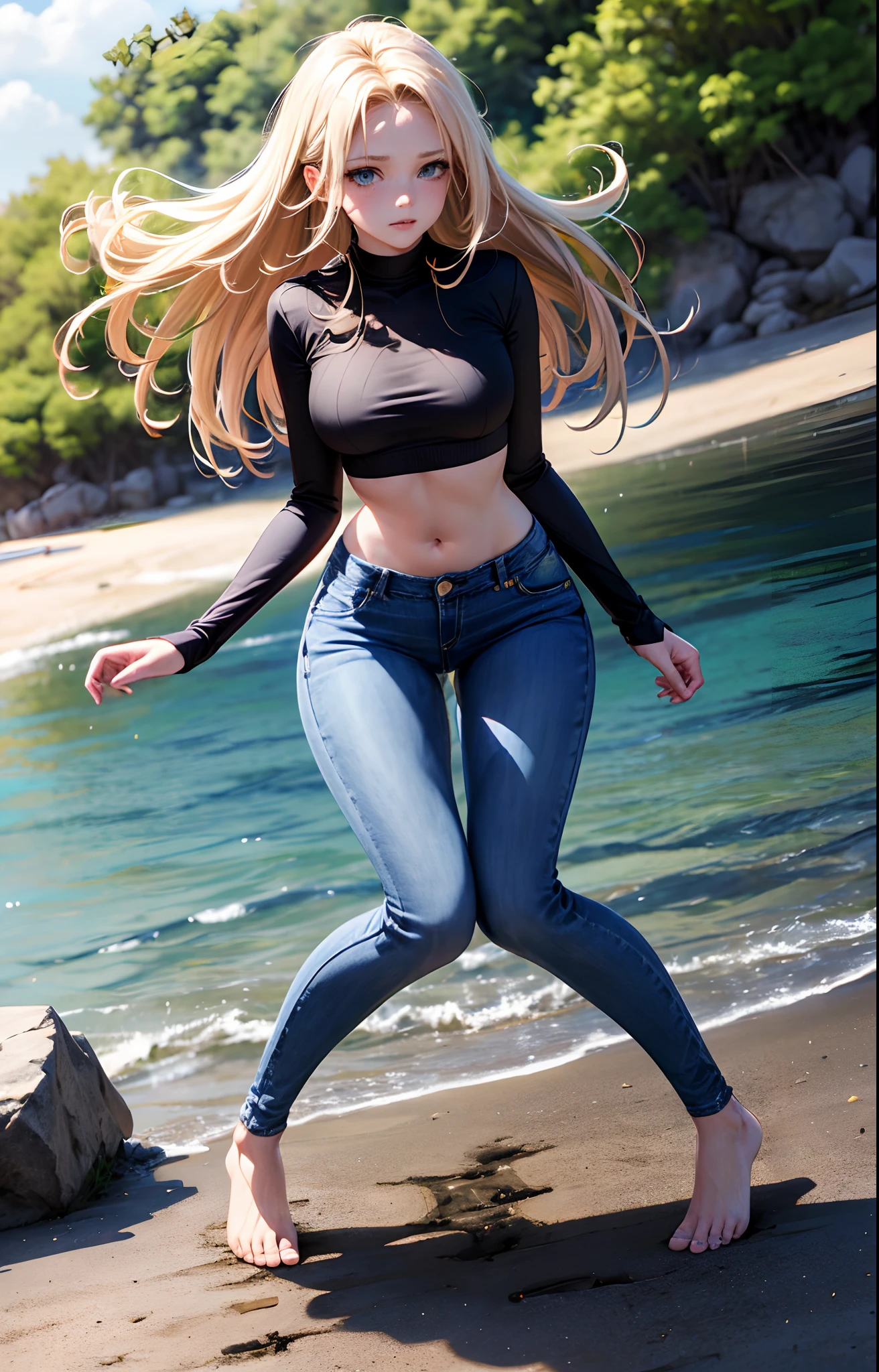 masterpiece, extremery magnificent view, perspective, extremery best quality, extremery detailed CG, 8k wallpaper, high resolution, highly detailed face, highly detailed eyes, perfect anatomy, super detailed skin,
(dynamic angle, dynamic pose:1.2), outdoors, beach, smooth waves, (portrait, legs focus, full body), (beautiful face, beautiful eyes, beautiful legs:1.3), (((((((peestain))))))), blush, worried,
1 girl, solo, (black top, blue jeans pants:1.3), (skinny jeans:1.3), long sleeves, medium breasts, blond hair, long hair, floating hair, straight hair, open forehead, (barefoot:1.3), blue eyes, (navel:0.8), skinny, slender, wide hips, thin waist