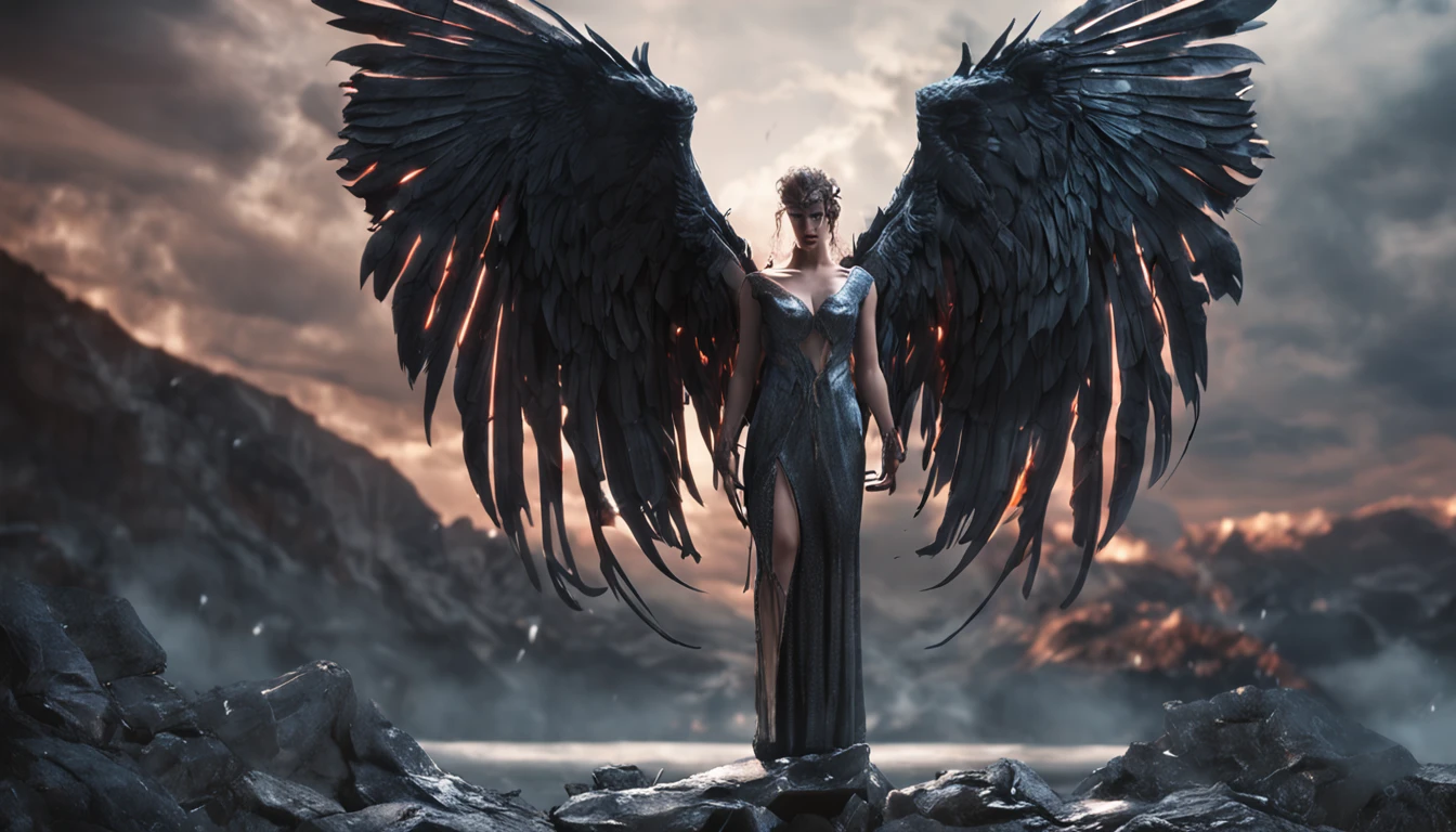 (masterpiece, best quality, ultra-detailed, extremely detailed CG unity 8k wallpaper, an extremely delicate and beautiful, floating, dynamic angle, dynamic pose, A painting depicting the fallen angel Cyra), Raised sexy,Black wings,The contrast between light and darkness,An aura of majesty, A veil of mystery