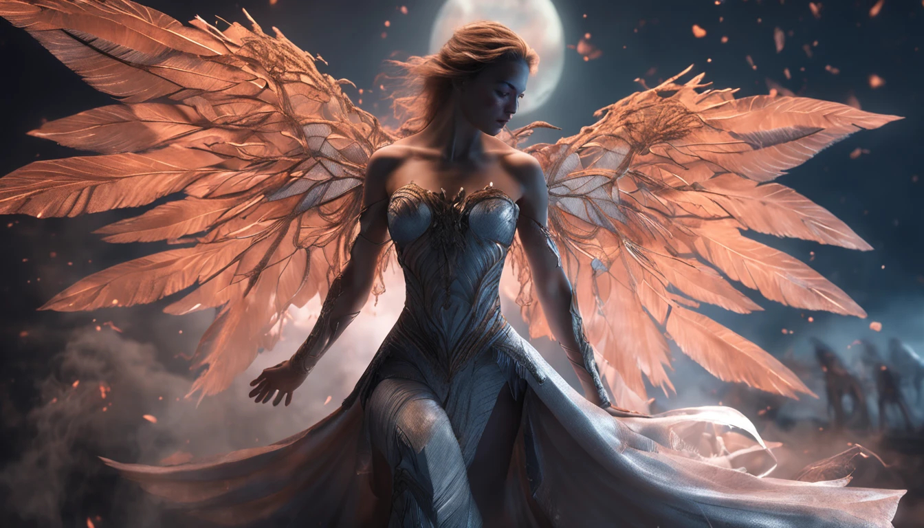 (masterpiece, best quality, ultra-detailed, extremely detailed CG unity 8k wallpaper, an extremely delicate and beautiful, floating, dynamic angle, dynamic pose, A painting depicting the fallen angel Cyra), Raised sexy,Black wings,The contrast between light and darkness,An aura of majesty, A veil of mystery