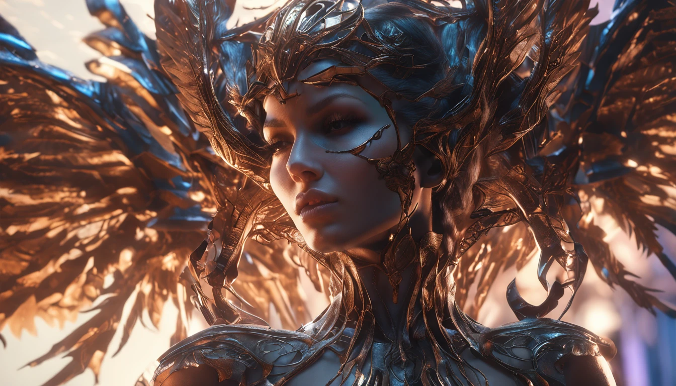 (masterpiece, best quality, ultra-detailed, extremely detailed CG unity 8k wallpaper, an extremely delicate and beautiful, floating, dynamic angle, dynamic pose, A painting depicting the fallen angel Cyra), Raised sexy,Black wings,The contrast between light and darkness,An aura of majesty, A veil of mystery