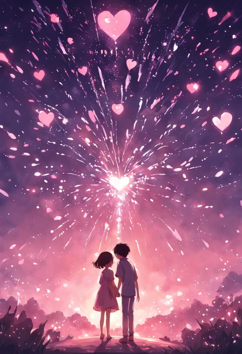 the night,In pink,Fireworks all over the sky,Heart-shaped bubbles, couples,Cartoony,Chubby littl and little boy g each other,Glowing fireflies around,,Cute and cute,KIDS ILLUSTRATION,Glow effects,Dingdall effect,depth of fields,high light,Real light,Ray traching,oc rendered,Hyper-realistic,best qualtiy,8K,Works of masters,super-fine,Detailed pubic hair,Correct anatomy,sharp focus on eyes,Bokeh,Facial features are carefully depicted