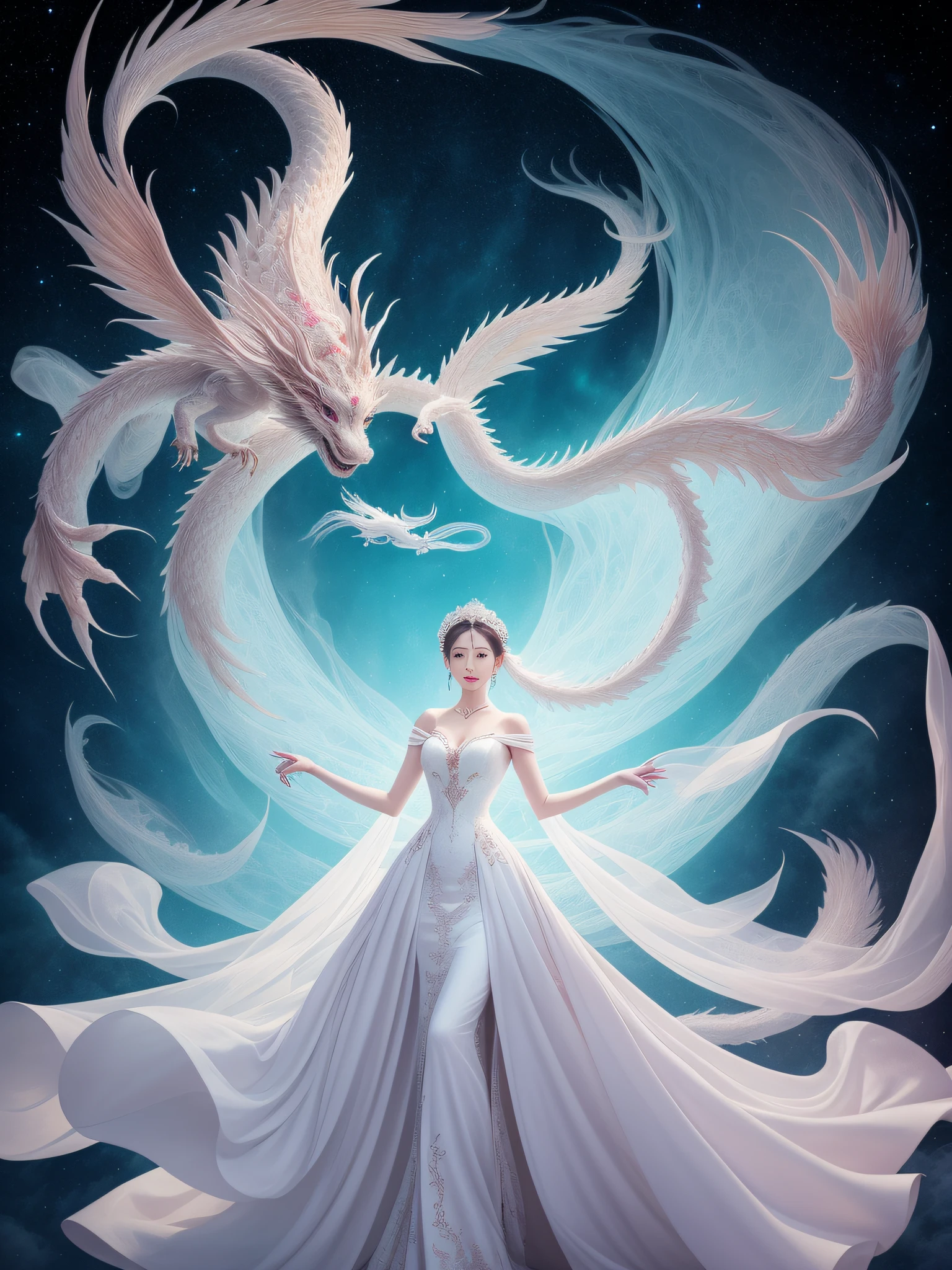 A white divine dragon with white scales, wrapped around a fairy, a fairy with long flowing hair and delicate facial features, wearing a long dress with clear and delicate layers, and a beautiful headdress