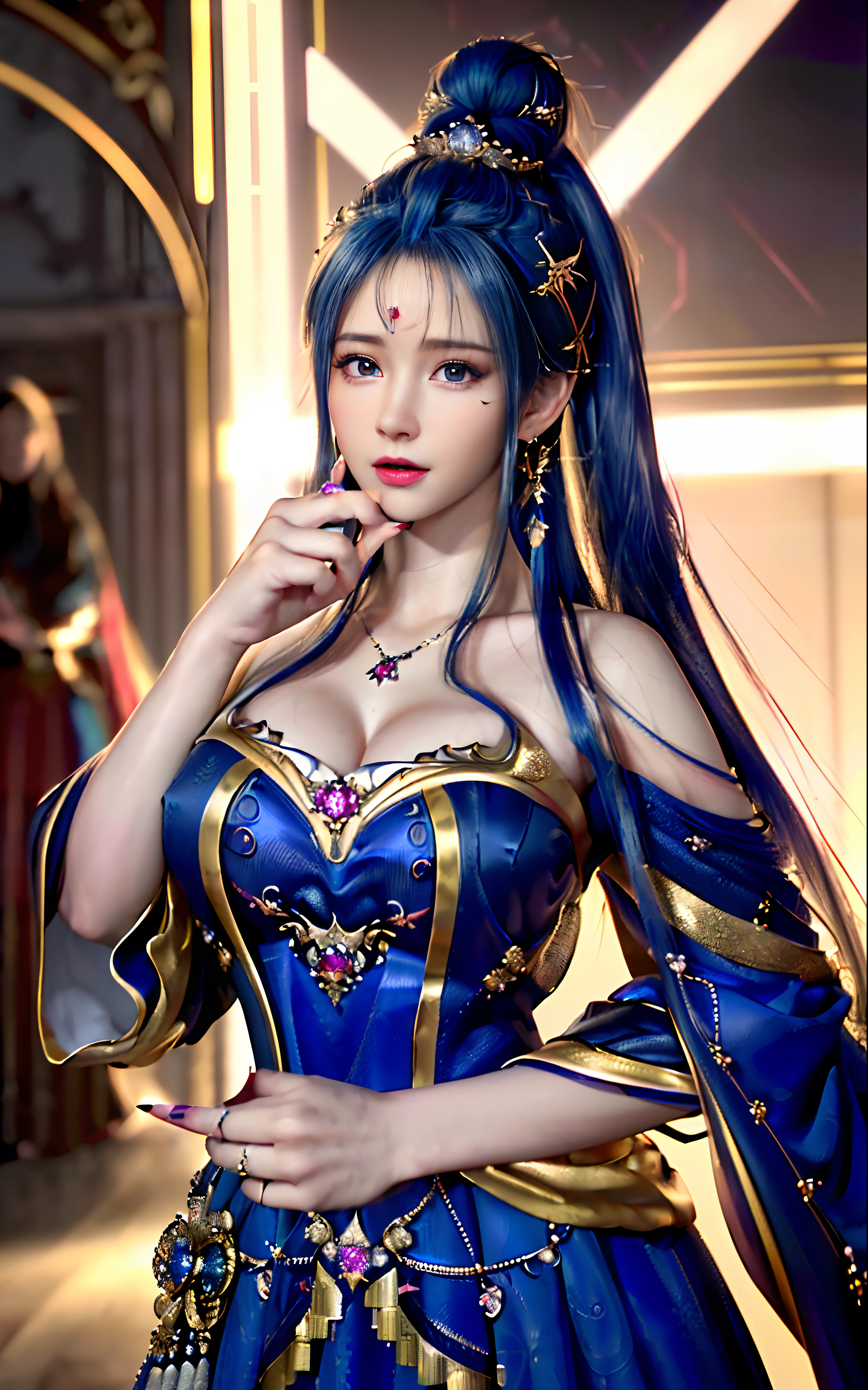 ((realisticity: 1.2)), ((realistic: 8K UHD)), ((best resolution: 8K UHD)), hyper detailed, best quality,masterpiece,highres,cg, ((1 girl hyper detailed and hyper realistic) ) , ((beautiful queen, hyper realistic and hyper detailed)),((white skin, beautiful, smooth, youthful, hyper realistic and hyper detailed )), ((Face hyper beautiful, white, hyper realistic and hyper detailed ) ), long hair, ((hyper realistic and hyper detailed dress)), solo, ((hyper realistic, hyper beautiful, beautiful and hyper detailed jewelry)), ((hyper beautiful deep red and golden yellow dress, hyper realistic and hyper detailed )) , ((Her pretty, hyper realistic, hyper detailed diamond filled earrings)), ((Her gorgeous diamond haircut, hyper realistic and hyper detailed)), ((hyper pretty upper body, hyper beautiful, hyper realistic and hyper detailed) ), ((medium breast: 1.1)), ((hyper realistic, hyper pretty, hyper detailed boobs)), ((the backgroun of the royal palace is hyper majestic, hyper realistic and hyper detailed)),((hands and palms hyper beautiful, hyper detailed, hyper realistic)), ((hyper detailed and hyper realistic fingers and fingernails)), ((hyper pretty fingernails, hyper vivid, hyper detailed, hyper realistic)), ((thumb, index finger, middle finger, ring finger, little finger hyper vivid, hyper pretty, hyper detailed, hyper realistic)),  
((hyper beautiful fingers, hyper detailed, and hyper realistic)), ((posture not too fat and not too thin, hyper realistic, hyper detail)), ((hyper pretty, hyper pretty, hyper realistic and hyper detailed hair bun)), ((hyper pretty , hyper realistic and hyper detailed blue hair)), candid, Photo, high resolution, 8k , bokeh,