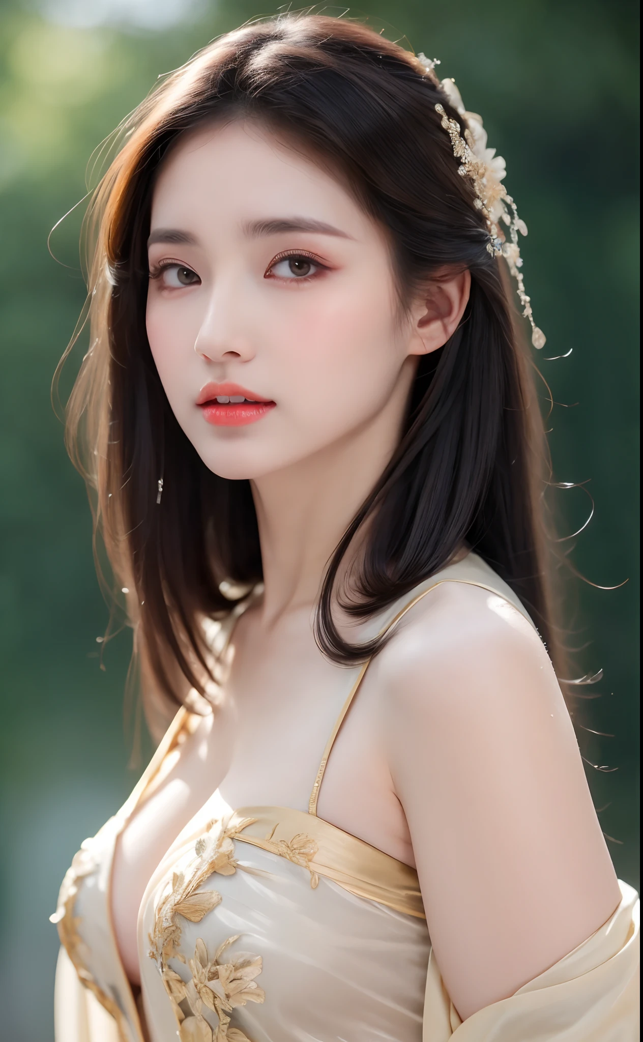 ((Best Quality, 8k, Masterpiece: 1.3)), Focus: 1.2, Perfect Body Beauty: 1.4, Buttocks: 1.2, ((Layered Haircut)), (Wet Clothes: 1.1), (Rain, Street:1.3), (Breasts: 1.2), (Hanfu: 1.2), Bare Shoulders, Bare Legs, Highly Detailed Face and Skin Texture, Fine Eyes, Double Eyelids, Whitened Skin, Long Hair, (Shut Up: 1.5), (Bokeh Background: 1.5), Big Breasts