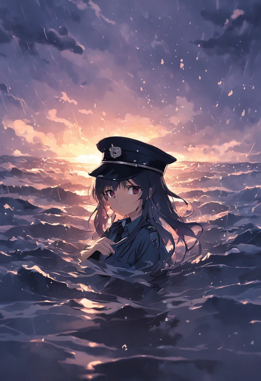 Police hat floating at sea,The hat is tattered,Rain hit the sea,Dark and gloomy sky