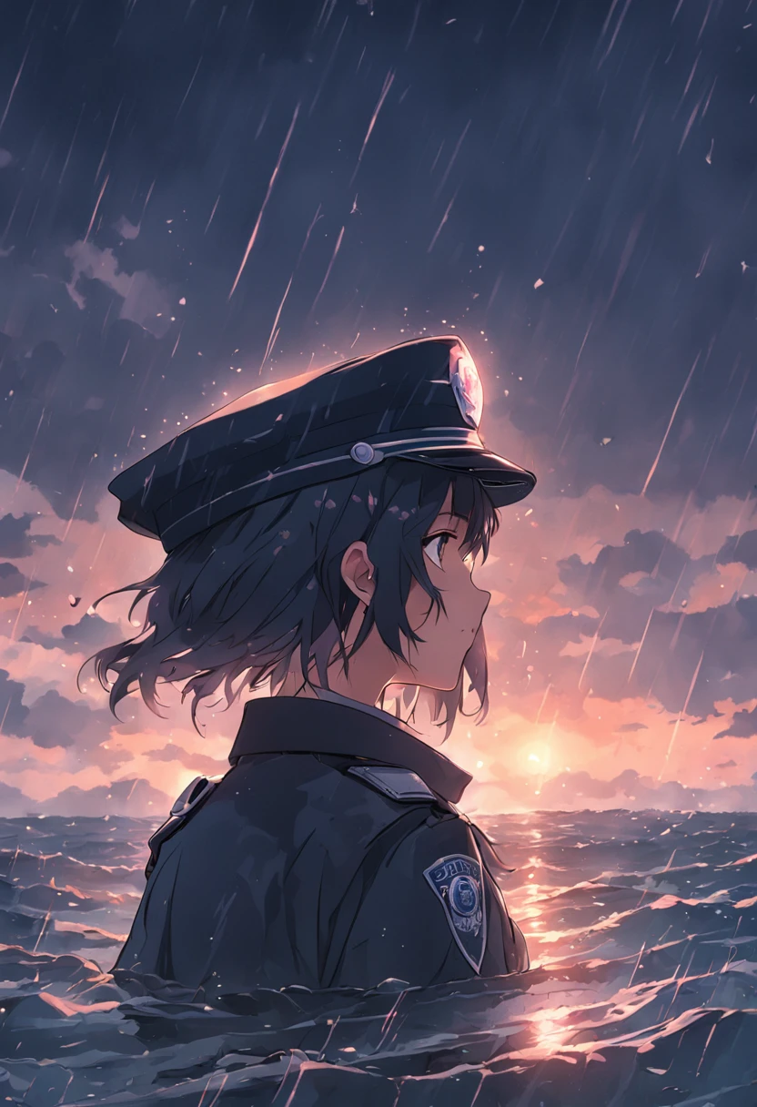 Police hat floating at sea，The hat is tattered，Rain hit the sea，Dark and gloomy sky