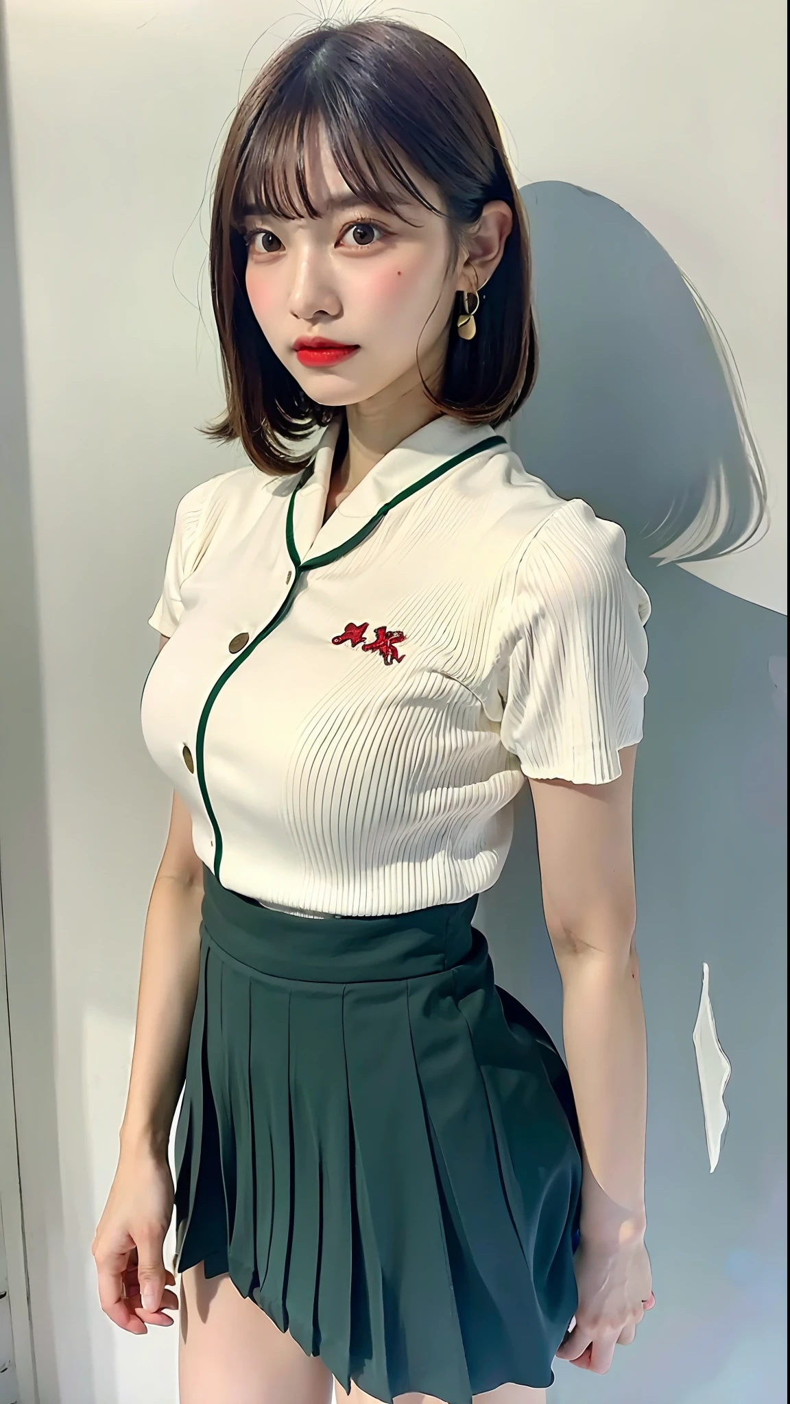 (Best Quality, 8k, 32k, Masterpiece, UHD:1.2), pretty Korean woman picture, very big breasts, very short bobbed hair, very realistic skin texture, fine facial noise, very detailed lips, cowboy shot, face focus, yellow-green skirt, earrings, dark studio background, uniform lighting, looking at the viewer, soft and smooth body, slender body, wide hips, thick thighs, contraposto, esza pose