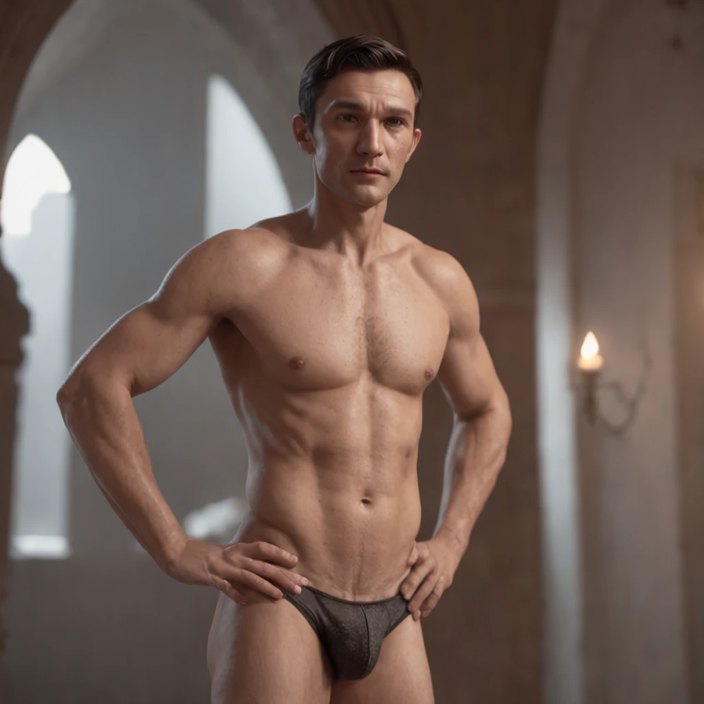 (professional 3d render:1.3) af (Realistic:1.3) most beautiful artwork photo in the world,Features soft and shiny men, ((A middle-aged melancholy Caucasian man wears an (underwear:1.4), (black slicked back hair), (trimmed stubble), (tanned skinny body:1.4), barefoot, (full body shot:1.3), standing in the church, repentance, repent, penance)), full body 8k unity render, action shot, skin pore, very dark lighting, heavyshading, Detailed, Detailed face, (vibrant, photograph realistic, Realistic, Dramatic, Dark, Sharp focus, 8K), (Intricate:1.4), decadent, (Highly detailed:1.4), Digital painting, rendering by octane, art stations, concept-art, smooth, Sharp focus, illustration, Art germ, (loish:0.23), wlop ilya kuvshinov, and greg rutkowski and alphonse mucha gracias, (Global illumination, Studio light, volumettic light), CGSesociety,art stations
