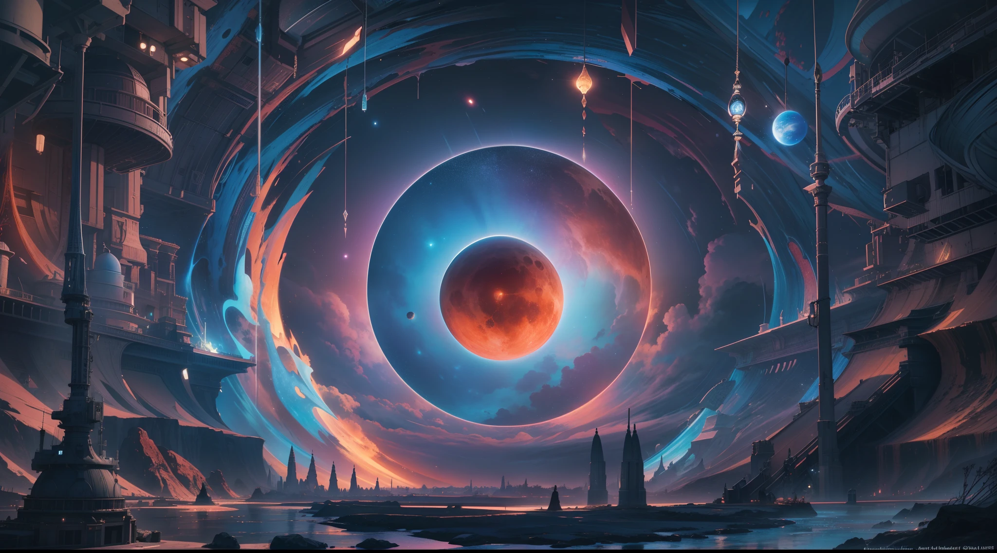 Embark on a fascinating journey，Witness a pair of mysterious eyes gazing through a celestial portal suspended in the sky. The portal unveils a magnificent panorama of an asteroid, Strikingly similar to our own planet. The illustration catches your attention with its intricate details and textured surface, Merge into a captivating loose painting style. The cinematic lighting casts a mesmerizing glow, Highlight the ethereal beauty of the scene. Uses cutting-edge octane rendering technology, The artwork boasts an amazing 8K resolution, Bring the tiniest details to life. When you dig deeper, The play of volumetric illumination highlights the essence of the universe, Transport you to the depths of outer space. The blend of neon and anime elements blends seamlessly with a high level of detail, Create a visual feast that transcends reality. Immerse yourself in this cosmic journey，Let your imagination go beyond the realm of the possible.