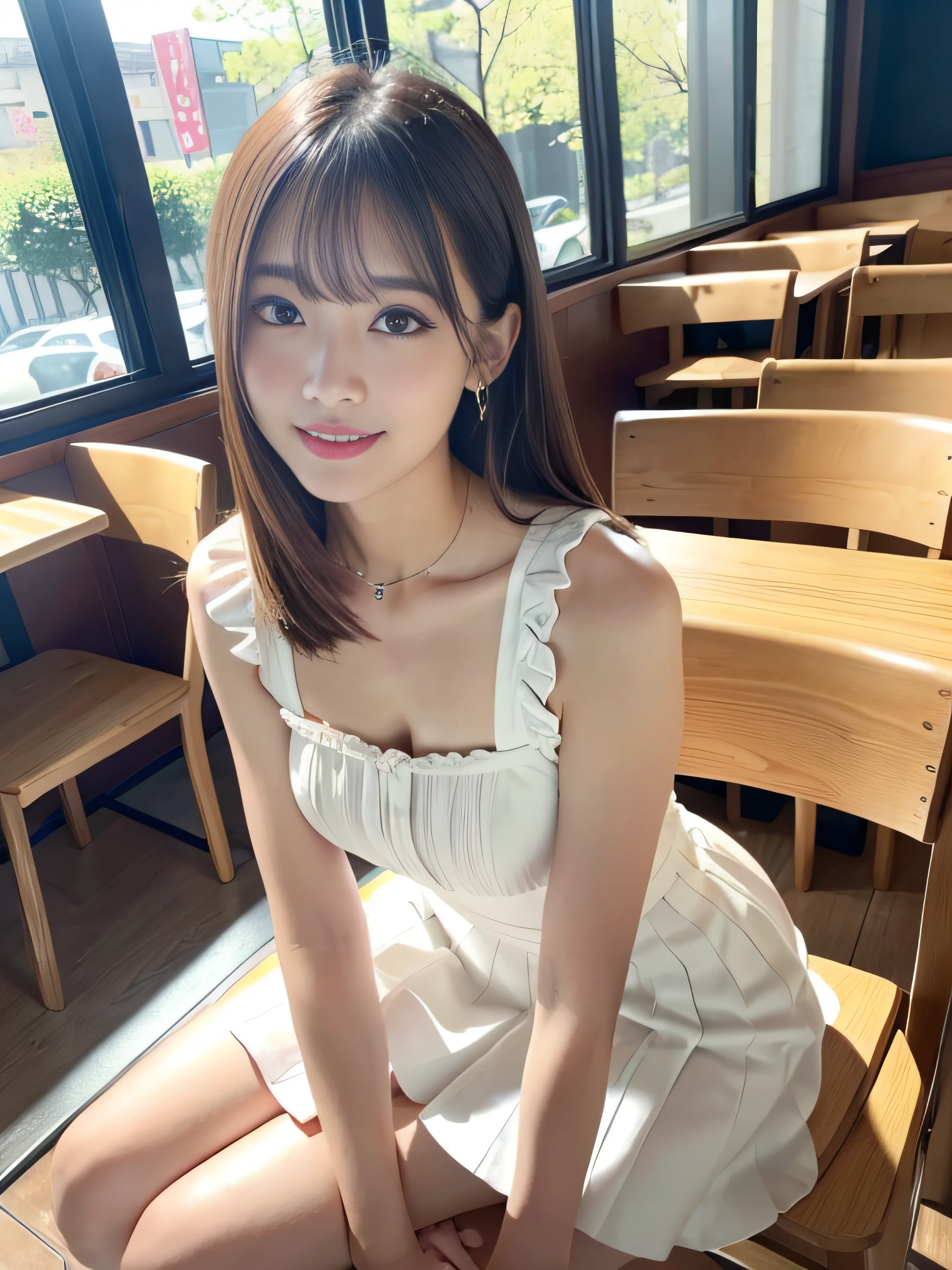 8K、Raw photography、(masuter piece:1.2)、(Photorealsitic:1.2)、(best qualtiy)、((Sleeveless with white frills))、((Adult woman in floral white skirt))、((japanes、30-years old))、Light brown hair in one woman、((full body Esbian))、make - up、Smart body、A smile、Poses variadas、hyperdetailed face、A detailed eye、((No close-ups))、(Inside the café、Sitting on a chair)