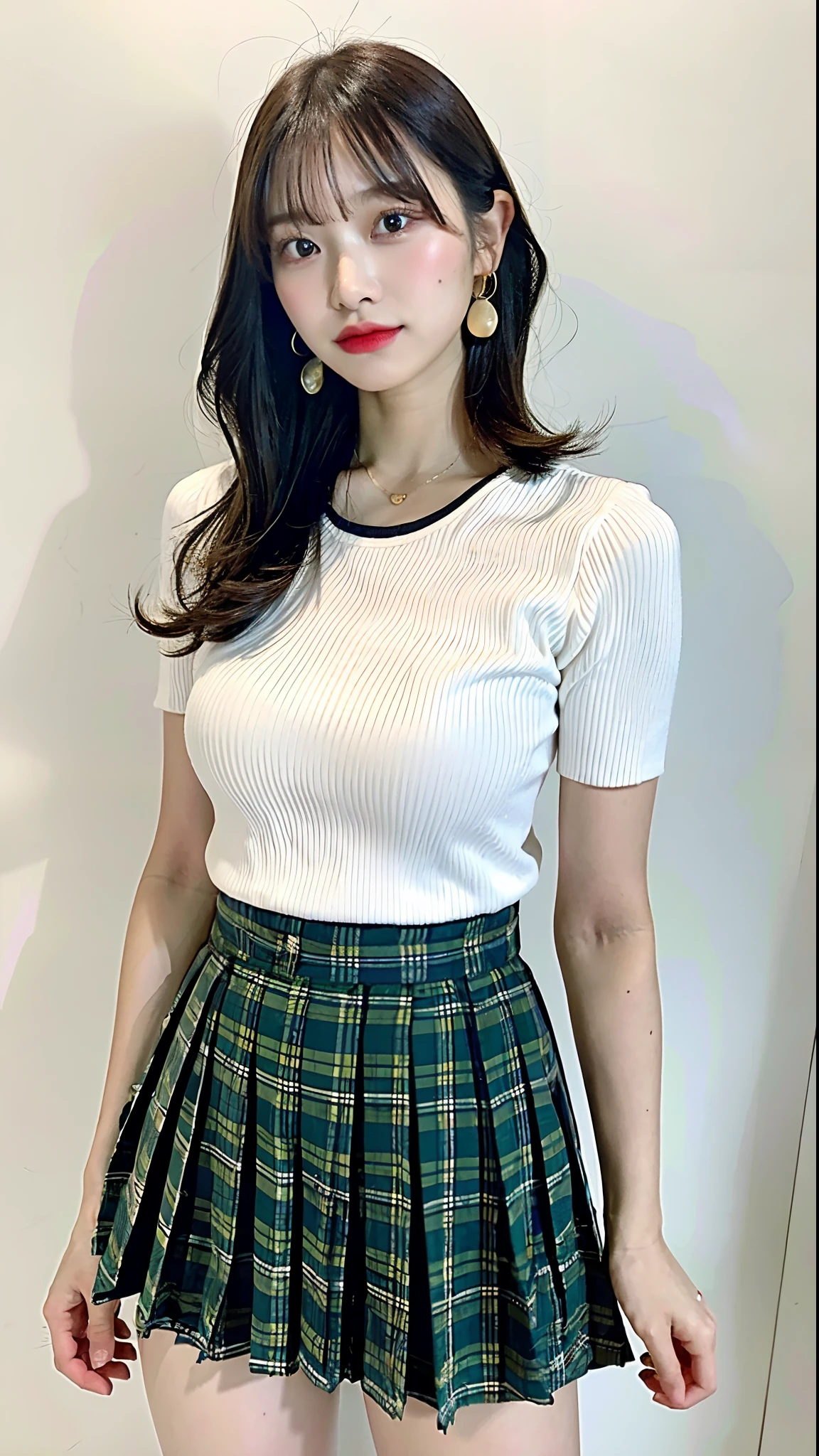 (Best Quality, 8k, 32k, Masterpiece, UHD:1.2), pretty Korean woman picture, very big breasts, very short bobbed hair, very realistic skin texture, fine facial noise, very detailed lips, cowboy shot, face focus, yellow-green skirt, earrings, dark studio background, uniform lighting, looking at the viewer, soft and smooth body, slender body, wide hips, thick thighs, contraposto, esza pose