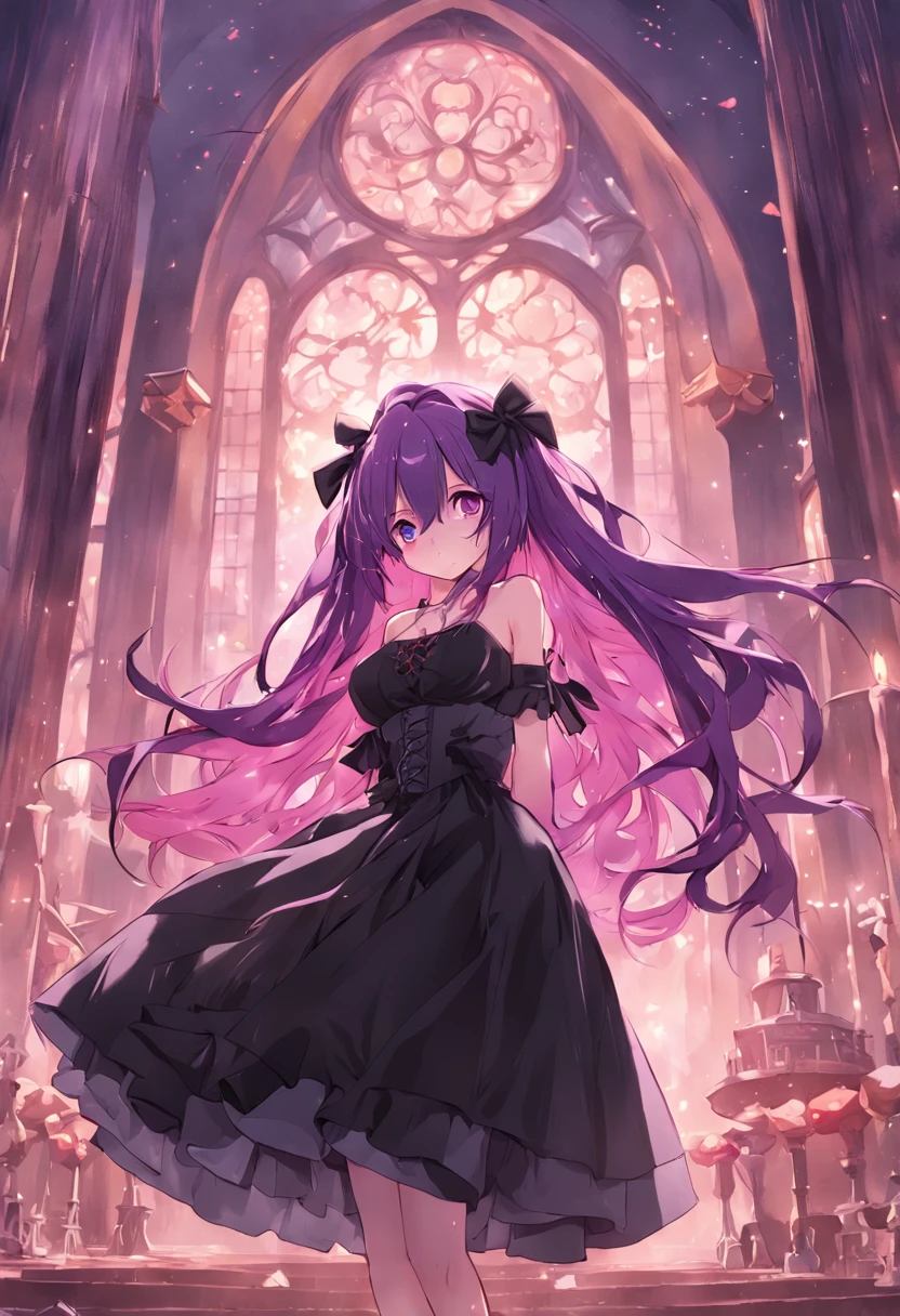 Hanging tsundere woman with long purple hair and wearing a big black ribbon、Wearing a gothic black dress、bewitching、amorous、Adults、Parti