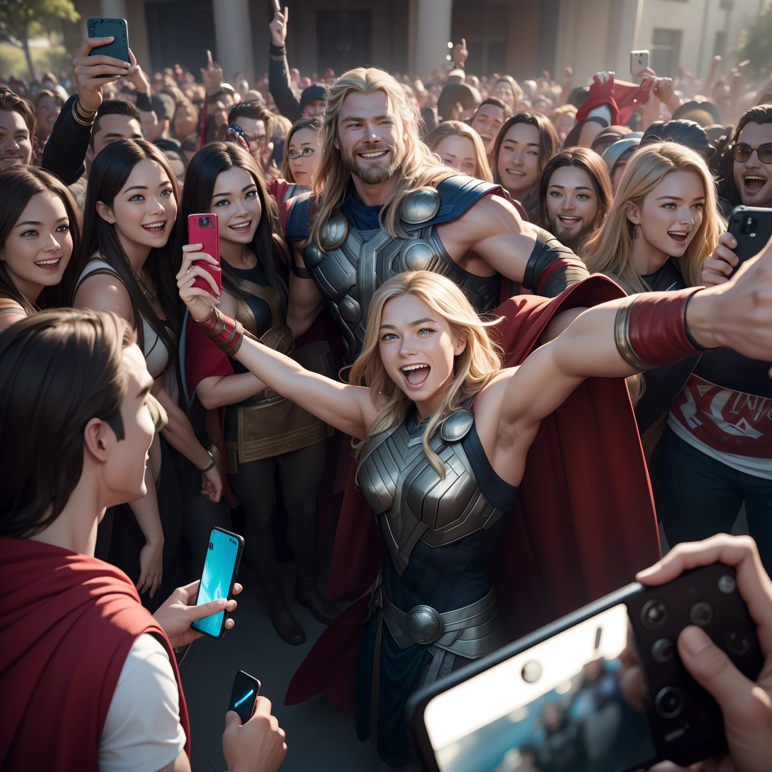 Create an image depicting Thor taking a selfie with a group of excited fans, showcasing his charismatic interaction with his admirers. Depict Thor in a jovial and approachable pose, holding a smartphone out for a selfie while surrounded by a group of enthusiastic fans. Show the fans smiling, cheering, and posing with Thor, capturing their excitement and admiration. Dress Thor in casual attire that reflects his down-to-earth demeanor and willingness to connect with his fans. Use a vibrant and lively art style to convey the dynamic atmosphere of the selfie moment. Incorporate elements of camaraderie and fan excitement that come with meeting a legendary hero. Utilize a color palette that reflects Thor's signature red cape and the energetic vibe of the scene. The camera angle should highlight the group dynamic, showcasing both Thor and his fans in the frame. Opt for a wide-angle lens to capture the details of the fans' expressions and interactions with Thor. Render the image in high resolution to convey the joyous and entertaining interaction between Thor and his adoring fans.