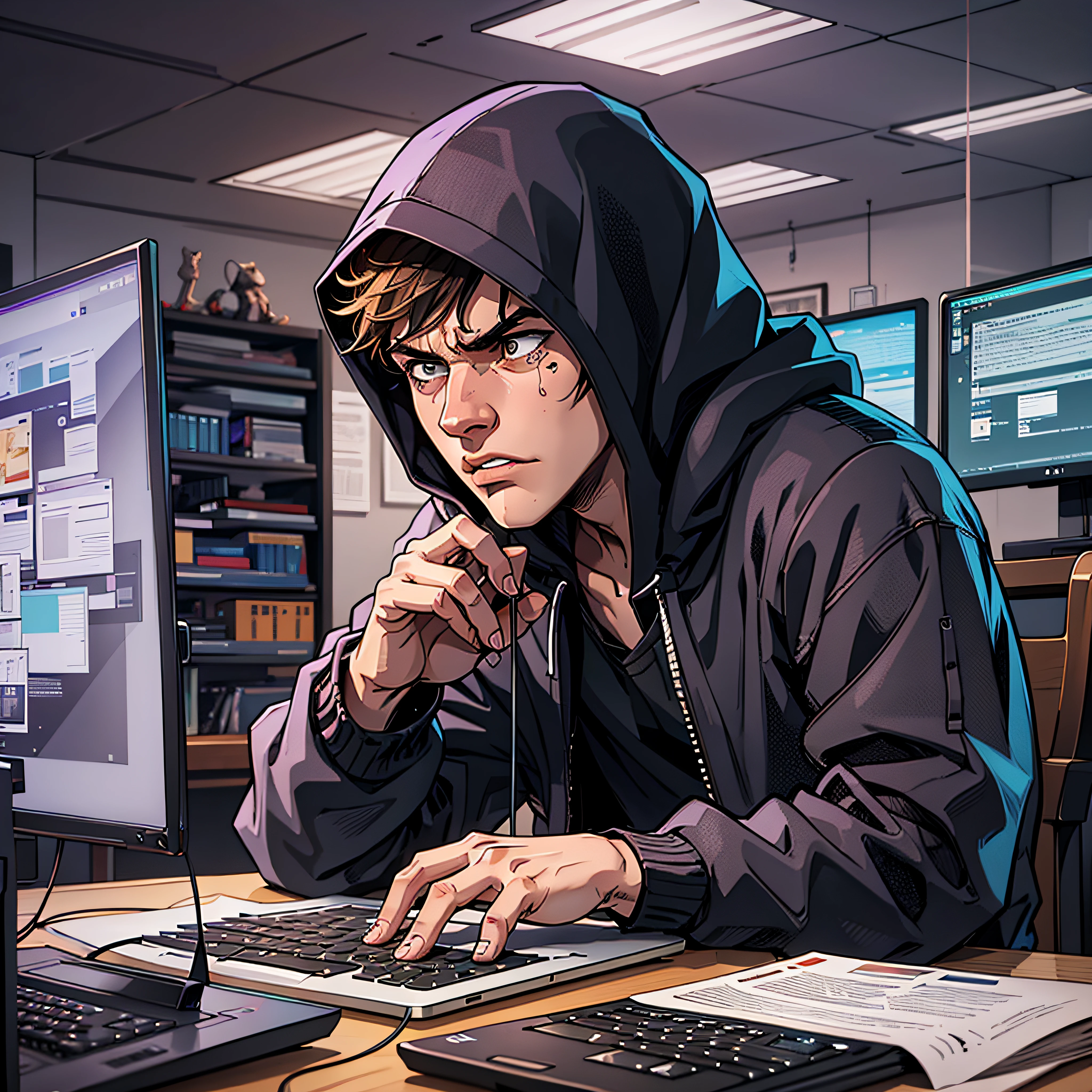 An 18-years-old man sits in front of a computer, angry, hacker, computers, Hacker studying, black hood, in front of computer, high detail, 4K, tough, emotional.