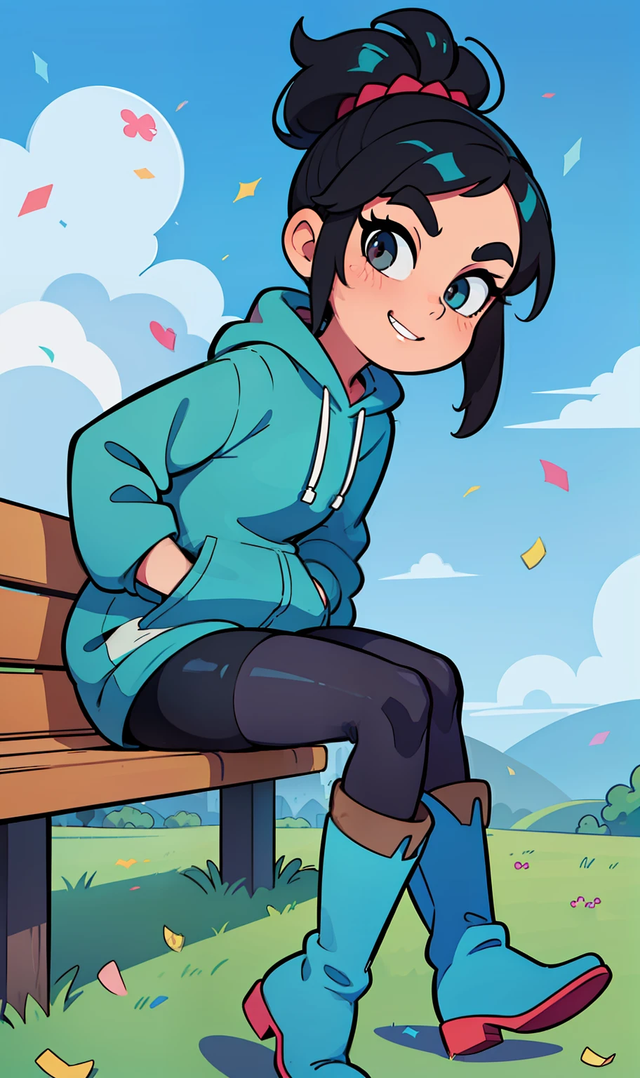 ((Pixar artstyle)), ((disney artstyle)), ((masterpiece)), ((high quality)), ((beautiful portrait)), ((full body)), ((boots visible)), ((beautiful background)), {vanellope von schweetz, black hair, red scrunchy, short ponytail, candy in hair, cute brown eyes, adult woman, beautiful legs, curvaceous hips, seductive eyes, smug smirk, white teeth}, {aqua-colored sweatshirt hoodie, black skirt, (striped pantyhose), black riding boots}, {(sitting on bench), (hands in pockets), (looking at viewer)}, [Background: racetrack, confetti, blue sky, bright sun, sun rays]