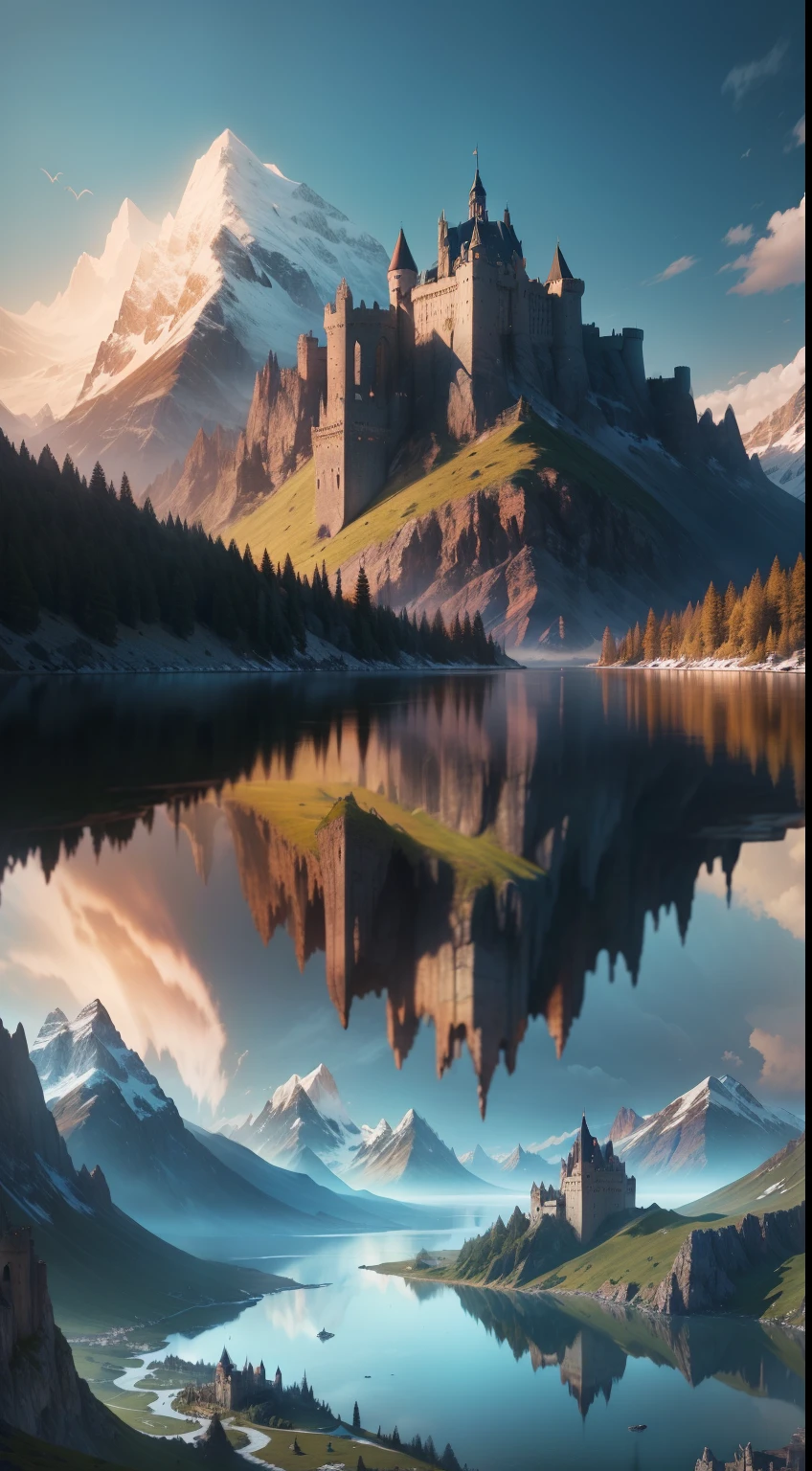 mountains and a lake with a castle on top of it, impressive fantasy landscape, epic dreamlike fantasy landscape, epic fantasy landscape, 4k fantasy art, most epic landscape, 8k fantasy art, 8k stunning artwork, fantasy art landscape, 4k highly detailed digital art, medieval fantasy landscape, fantasy landscape, 4 k detail fantasy, fantasy scenic, high fantasy landscape
