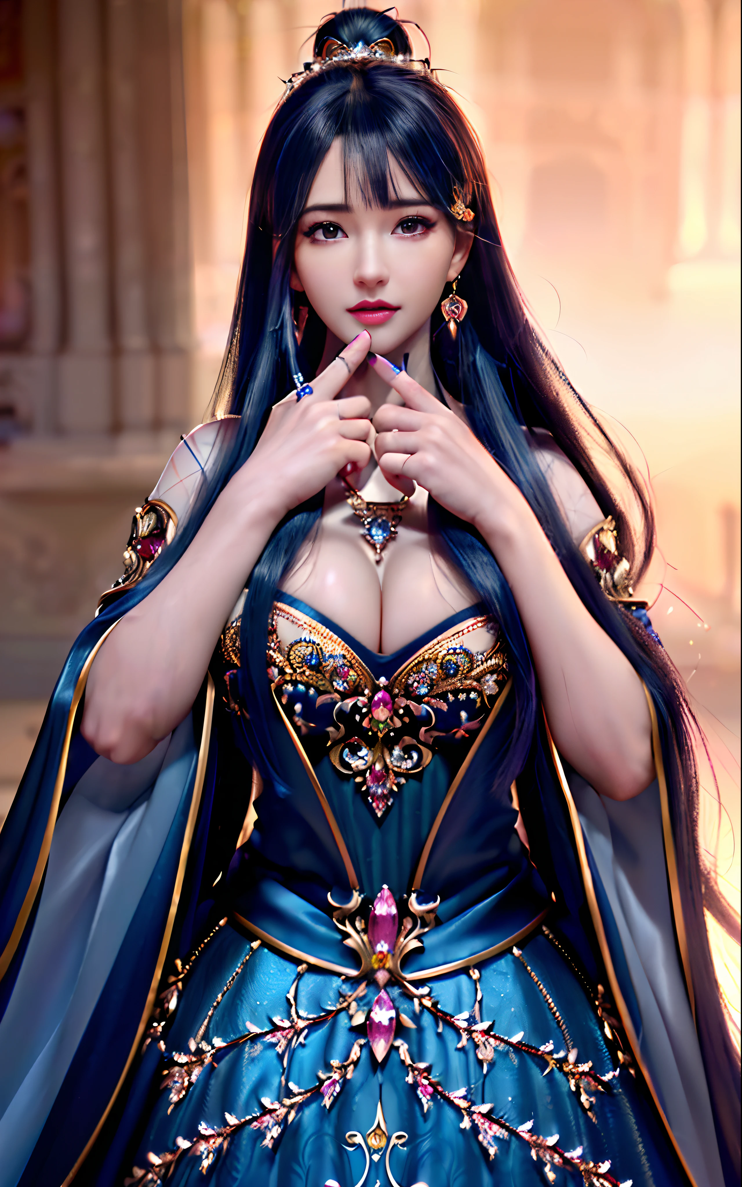 ((realisticity: 1.2)), ((realistic: 8K UHD)), ((best resolution: 8K UHD)), hyper detailed, best quality,masterpiece,highres,cg, ((1 girl hyper detailed and hyper realistic) ) , ((beautiful queen, hyper realistic and hyper detailed)),((white skin, beautiful, smooth, youthful, hyper realistic and hyper detailed )), ((Face hyper beautiful, white, hyper realistic and hyper detailed ) ), long hair, ((hyper realistic and hyper detailed dress)), solo, ((hyper realistic, hyper beautiful, beautiful and hyper detailed jewelry)), ((hyper beautiful deep red and golden yellow dress, hyper realistic and hyper detailed )) , ((Her pretty, hyper realistic, hyper detailed diamond filled earrings)), ((Her gorgeous diamond haircut, hyper realistic and hyper detailed)), ((hyper pretty upper body, hyper beautiful, hyper realistic and hyper detailed) ), ((medium breast: 1.1)), ((hyper realistic, hyper pretty, hyper detailed boobs)), ((the backgroun of the royal palace is hyper majestic, hyper realistic and hyper detailed)),((hands and palms hyper beautiful, hyper detailed, hyper realistic)), ((hyper detailed and hyper realistic fingers and fingernails)), ((hyper pretty fingernails, hyper vivid, hyper detailed, hyper realistic)), ((thumb, index finger, middle finger, ring finger, little finger hyper vivid, hyper pretty, hyper detailed, hyper realistic)),
((hyper beautiful fingers, hyper detailed, and hyper realistic)), ((posture not too fat and not too thin, hyper realistic, hyper detail)), ((hyper pretty, hyper pretty, hyper realistic and hyper detailed hair bun)), ((hyper pretty , hyper realistic and hyper detailed blue hair)), candid, Photo, high resolution, 8k , bokeh,