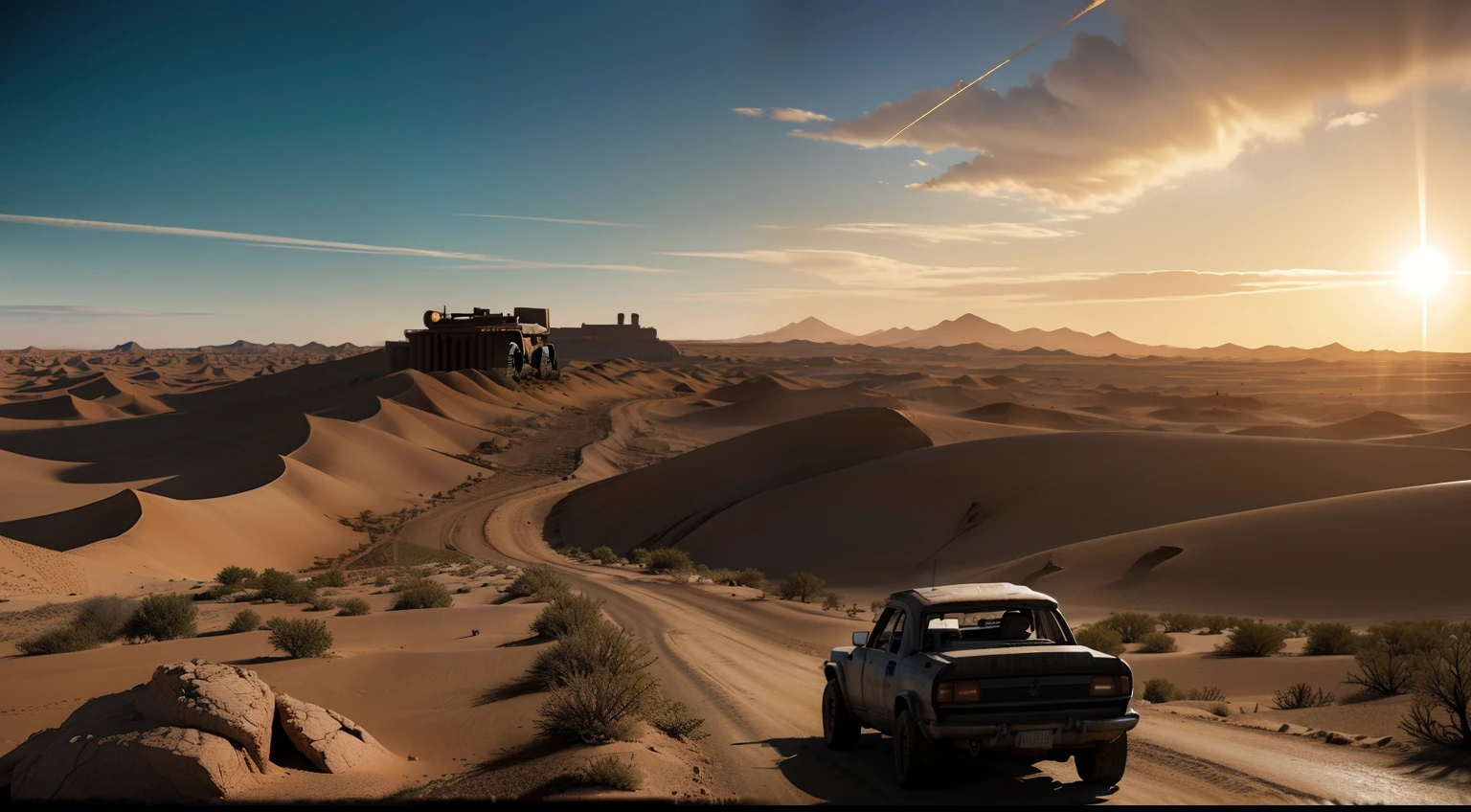 Design a pixel art representation of a desert landscape within the post-apocalyptic Mad Max universe, tailored for a 2D exploration-focused RPG pixel game. The viewpoint should be a top-down perspective, providing players with a bird's-eye view of the environment. Craft a vast and desolate desert expanse that transports players into a world scarred by catastrophe, drawing inspiration from the gritty Mad Max aesthetic.
Utilize pixel art techniques to illustrate the arid desert terrain, weathered ruins, and remnants of a fallen civilization. Infuse the landscape with a sense of isolation, danger, and the unknown, in line with the RPG's themes. Your artwork should immerse players in the challenges of survival and the allure of exploration in a post-apocalyptic wasteland. Capturing the essence of the Mad Max universe while adhering to the limitations of pixel art, create a captivating top-down perspective that invites players to navigate and unravel the mysteries of this harsh new world.
