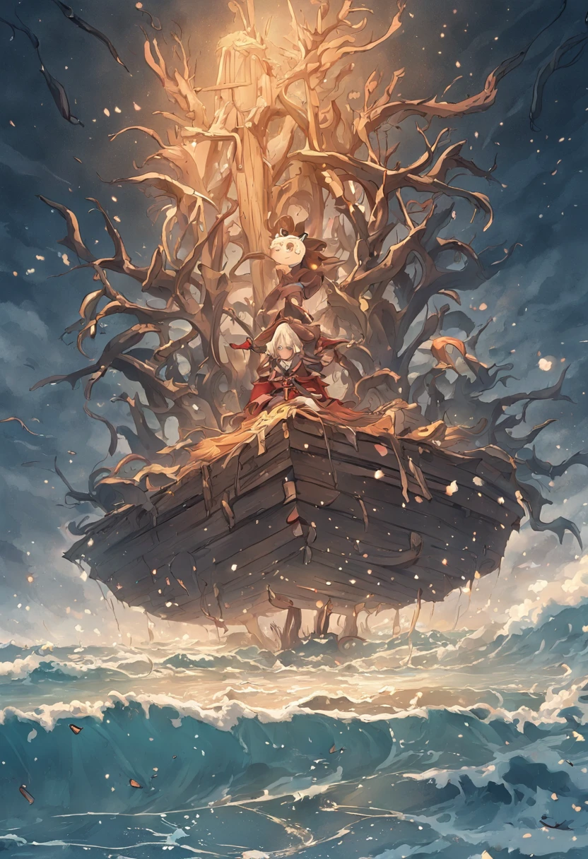 Small wood carvings floating on the sea,The wood carvings have decayed,Rain hit the sea,Dark and gloomy sky