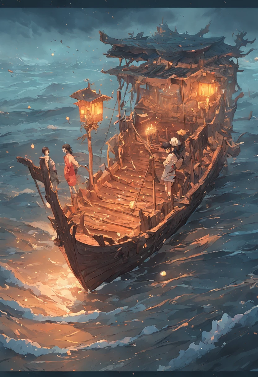 Small wood carvings floating on the sea,The wood carvings have decayed,Rain hit the sea,Dark and gloomy sky
