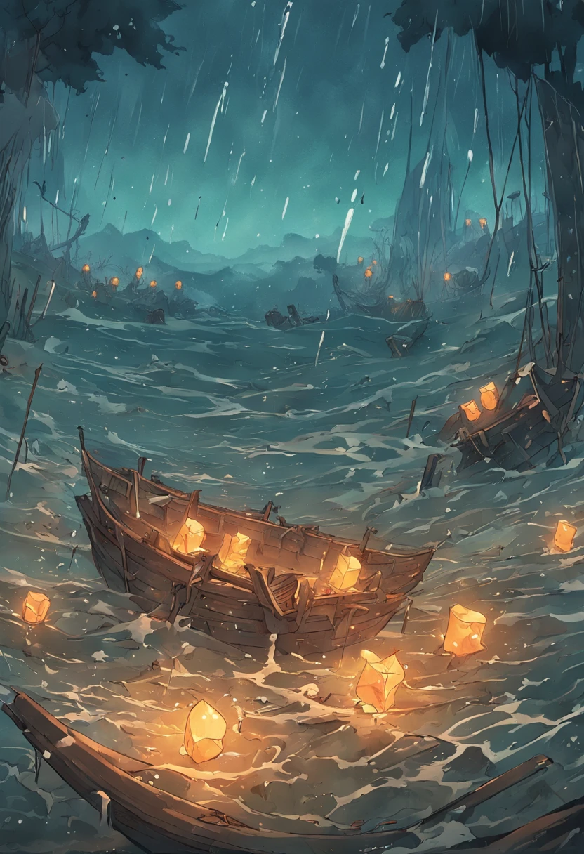 Small wood carvings floating on the sea,The wood carvings have decayed,Rain hit the sea,Dark and gloomy sky