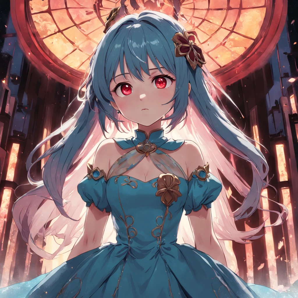 brunette color hair, red - eyed, with a round face, Indifferent expression, Gorgeous princess dress