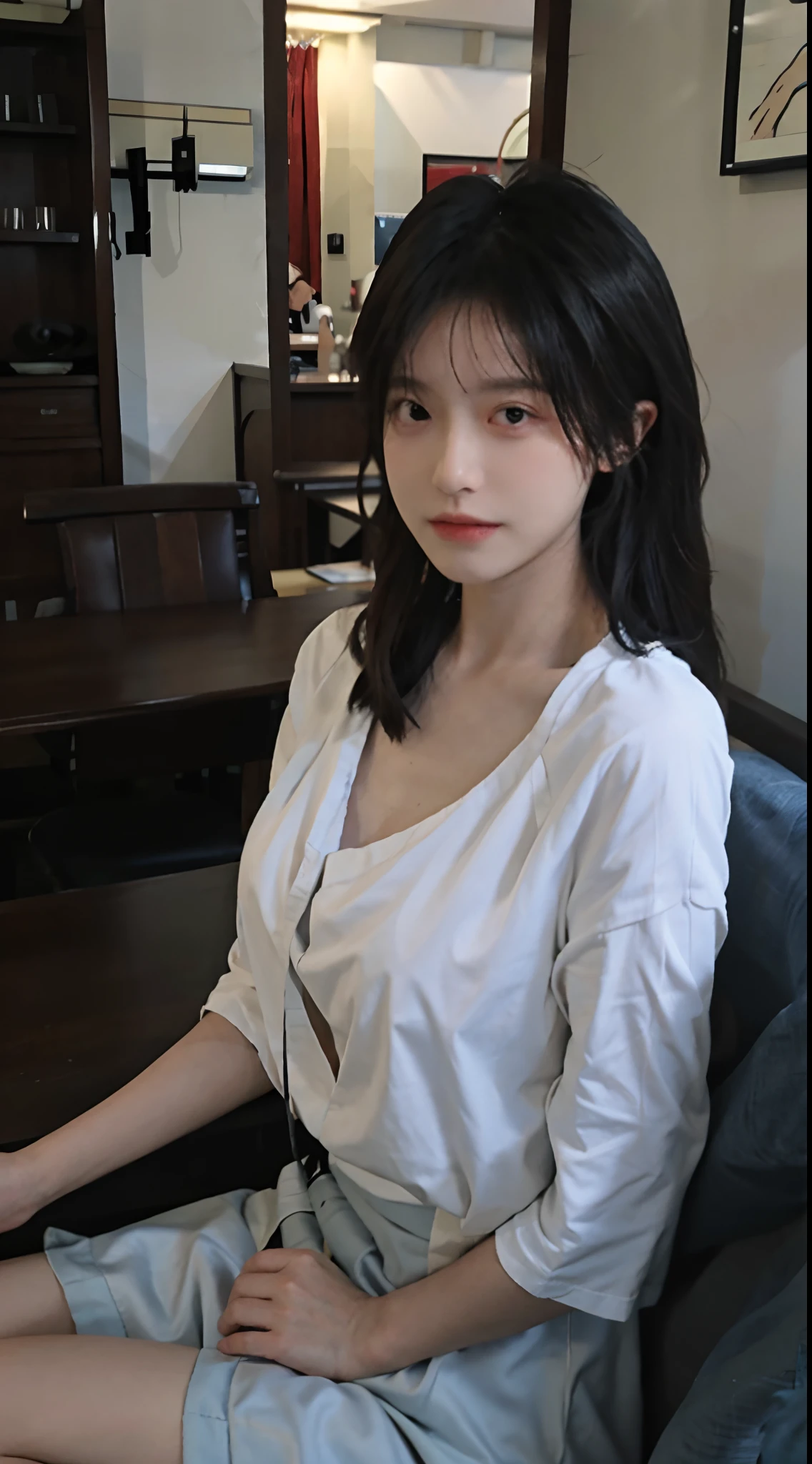 best qualtiy，tmasterpiece，超高分辨率，（realisticlying：1.4），1girll，Raised sexy，（The shirt：1.2），（brassier：1.2），（big cleavage breasts：1.3），（The upper part of the body：1.4），Cafe，Full body photo