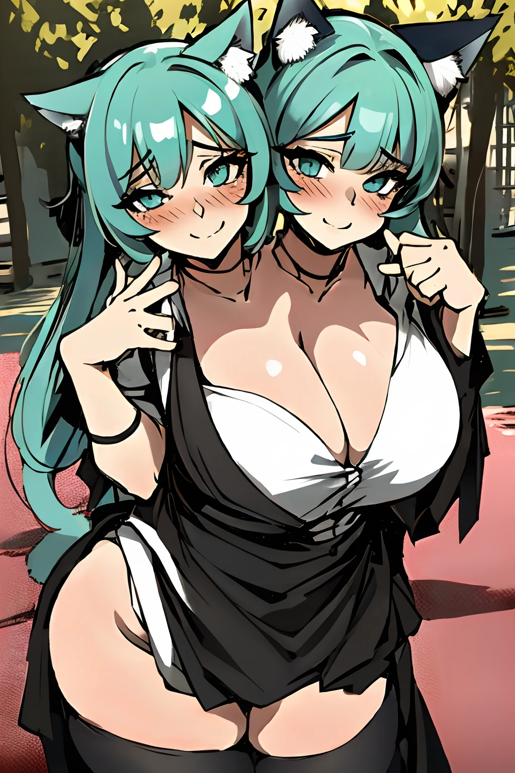 2heads, a short fat woman with 2 heads. She has extremely massive breasts. She is a cat girl. She has cat ears. She has a cat tail. She looks playful and seductive. She is blushing. She has big fat breasts. She is a slutty cat girl with enormous breasts. She outside in a park on a sunny day. She looks aroused. She has enormous fat tits. Her breasts are enormous. She is wearing a schoolgirl outfit.