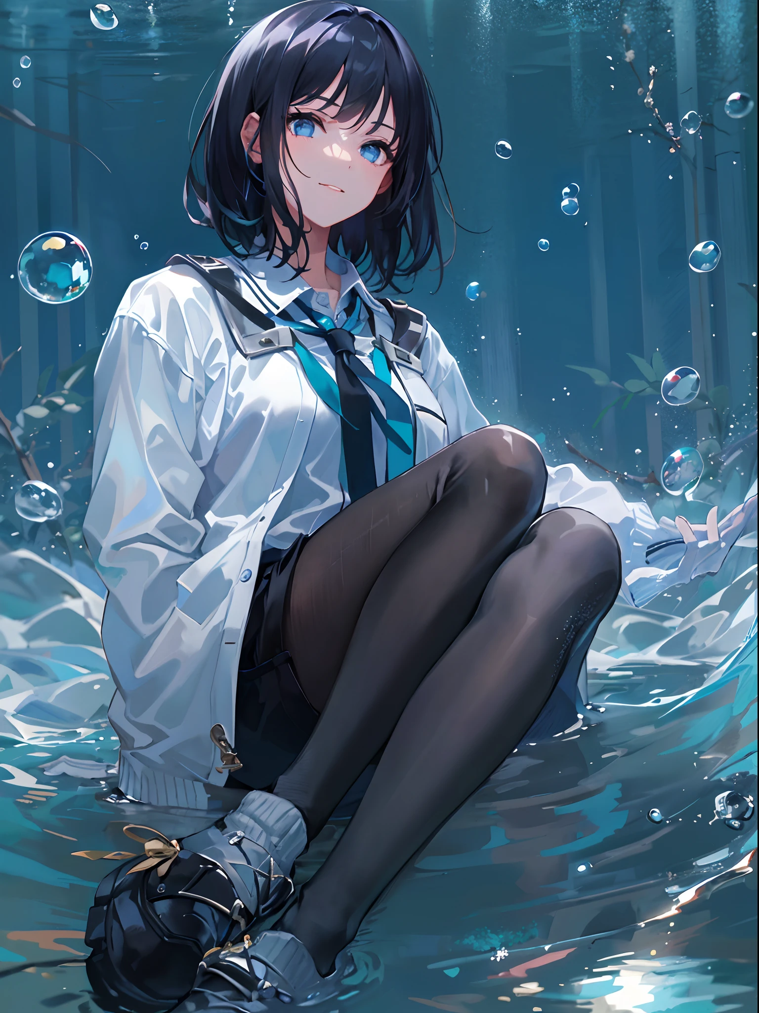 ((top-quality)), ((masterpiece)), ((ultra-detailliert)), (extremely delicate and beautiful), girl with, 独奏, cold attitude,((Black jacket)),She is very(relax)with the(Settled down)Looks,A dark-haired, depth of fields,evil smile,Bubble, under the water, Air bubble,bright light blue eyes,Inner color with black hair and light blue tips,Cold background,Bob Hair - Linear Art, shortpants、knee high socks、White uniform like school uniform、Light blue ribbon ties、Clothes are sheer、Hands in pockets
