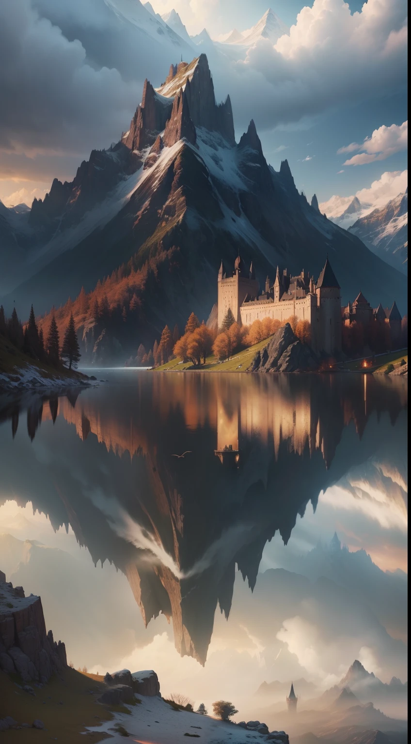 mountains and a lake with a castle on top of it, impressive fantasy landscape, epic dreamlike fantasy landscape, epic fantasy landscape, 4k fantasy art, most epic landscape, 8k fantasy art, 8k stunning artwork, fantasy art landscape, 4k highly detailed digital art, medieval fantasy landscape, fantasy landscape, 4 k detail fantasy, fantasy scenic, high fantasy landscape