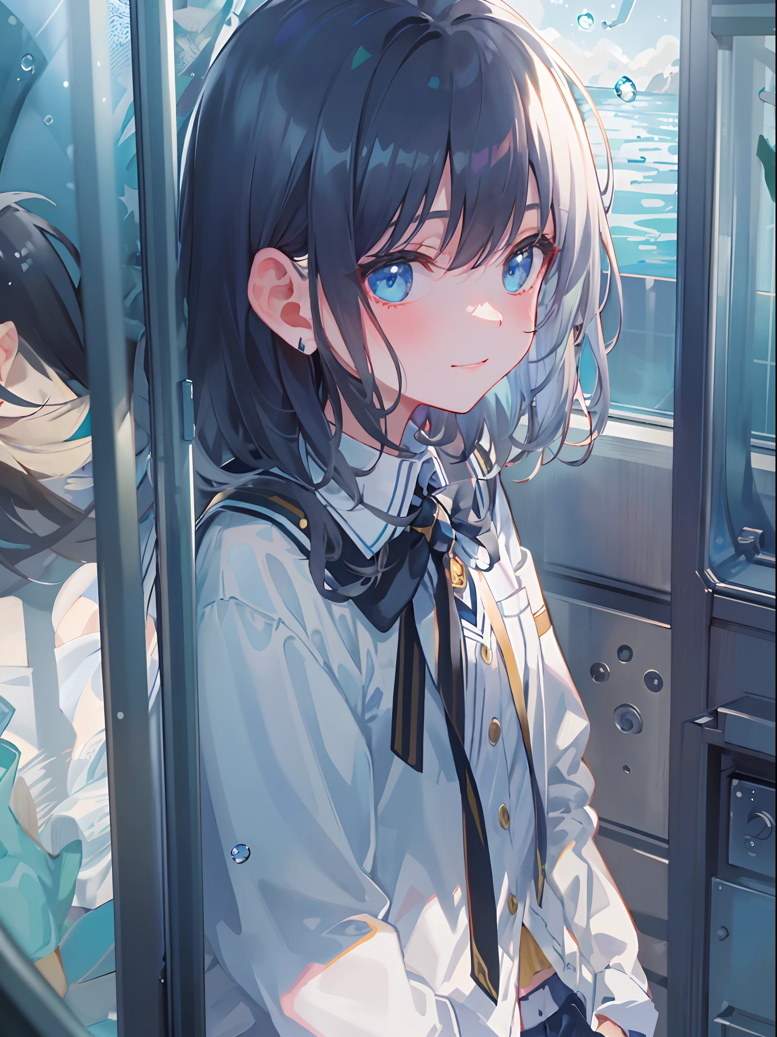((top-quality)), ((​masterpiece)), ((ultra-detailliert)), (extremely delicate and beautiful), girl with, 独奏, cold attitude,((Black jacket)),She is very(relax)with  the(Settled down)Looks,A dark-haired, depth of fields,evil smile,Bubble, under the water, Air bubble,bright light blue eyes,Inner color with black hair and light blue tips,Cold background,Bob Hair - Linear Art, shortpants、knee high socks、White uniform like school uniform、Light blue ribbon ties、Clothes are sheer、Hands in pockets