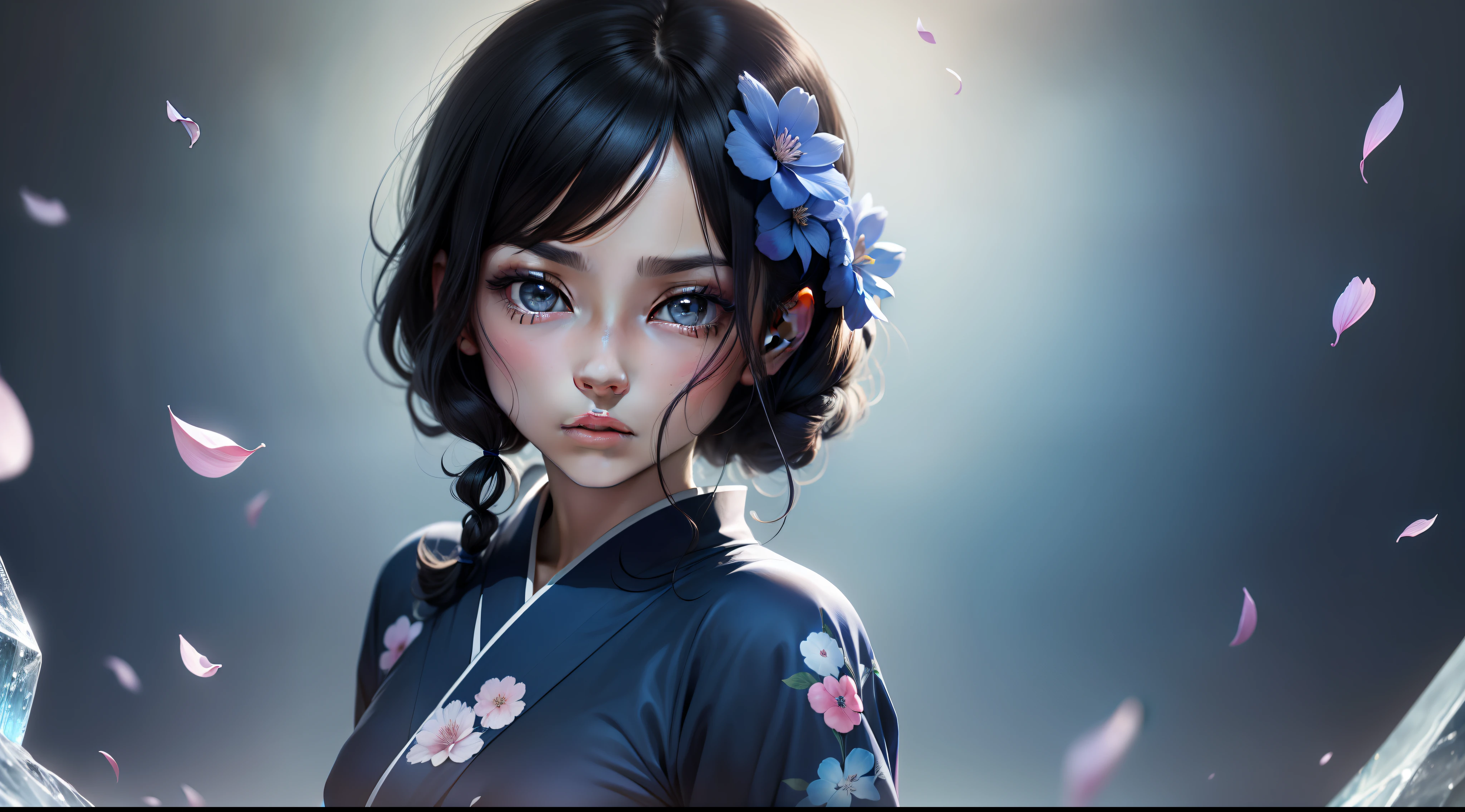 A single anime woman is looking at the camera, with black eyes and black tied up hair, wearing a navy blue flower petal printed yukata, is standing in front of a absolute icy blue background and is curiously looking at the camera with one of her eyebrow up in curiosity. This is a promotional picture. She is alone. SFW.