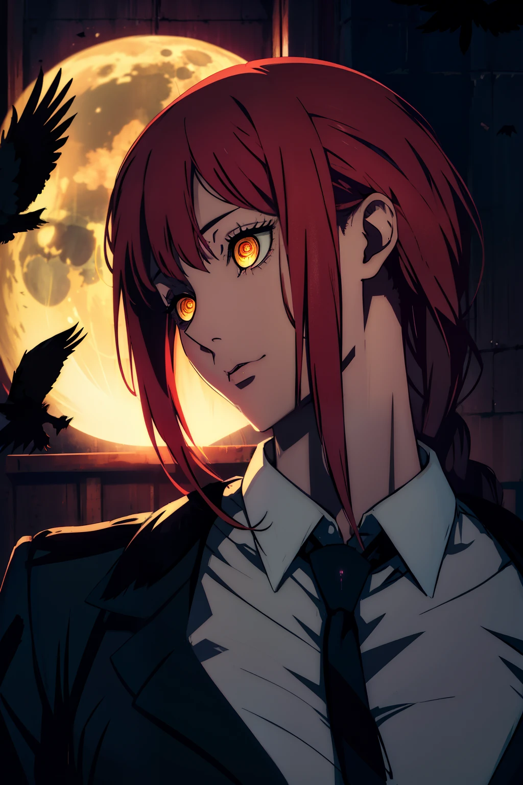 masterpiece, gorgeous, best quality, highres, 1girl, solo,cute, red_haired, dangerous,vivid eyes,yellow eyes, alone, night, mesmering eyes, moon, bangs, hair braid, BREAK intimate, long braid, digital art, high details, modern, intricate, perfect face, traced lights, scary, (sensual), misteryous, BREAK (makima \(chainsaw man\), backlight, glowing eyes, artistic, wallpaper, black tie BREAK superior, braid,cinematic, absurdes, crow, dark bird, feathers