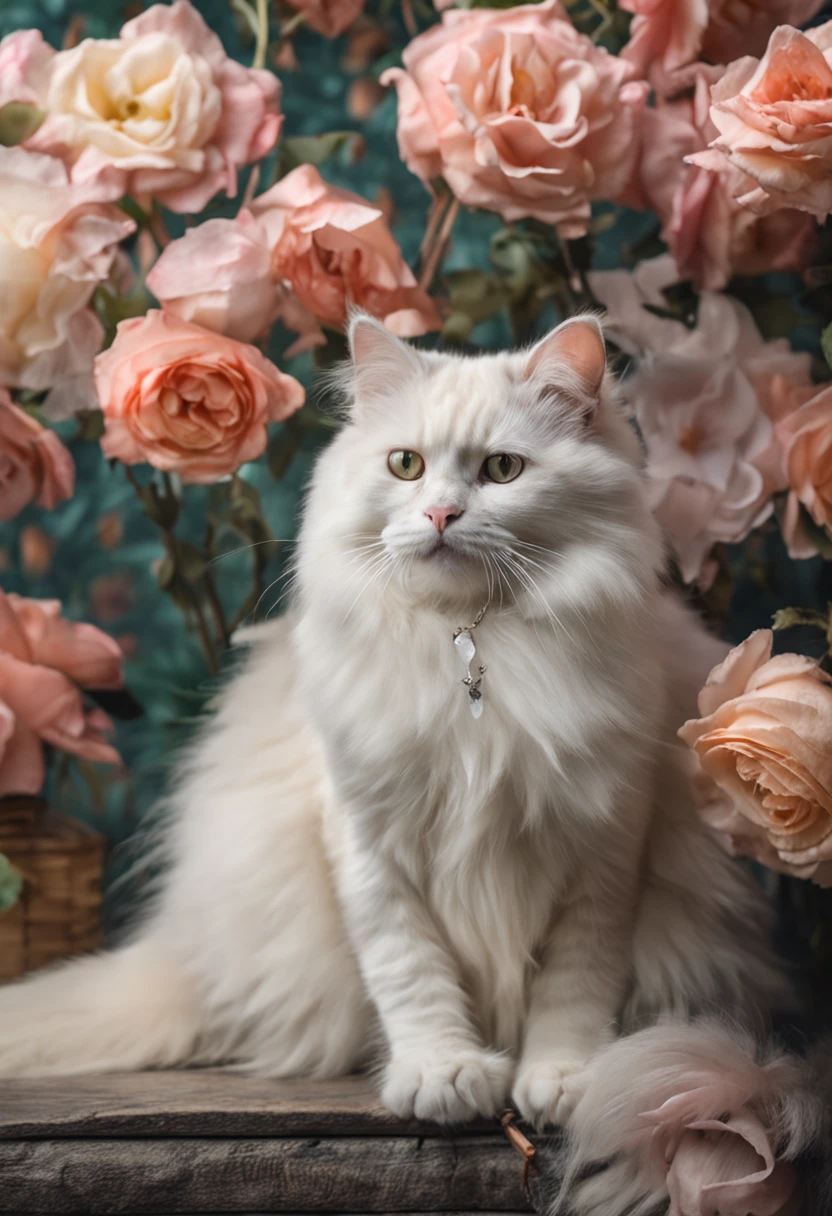 High-quality images、watercolor paiting、White long-haired cat with corolla of Rose sitting、