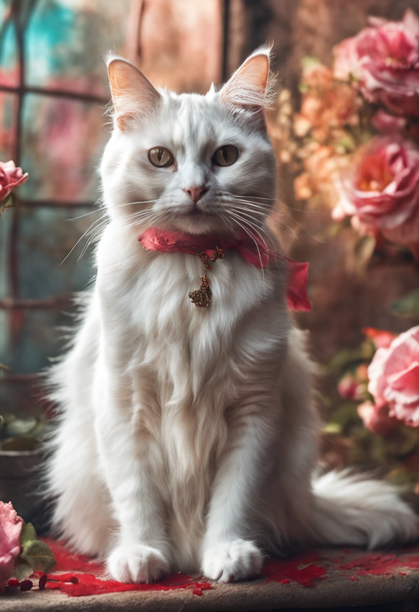 High-quality images、watercolor paiting、White long-haired cat with corolla of Rose  sitting、