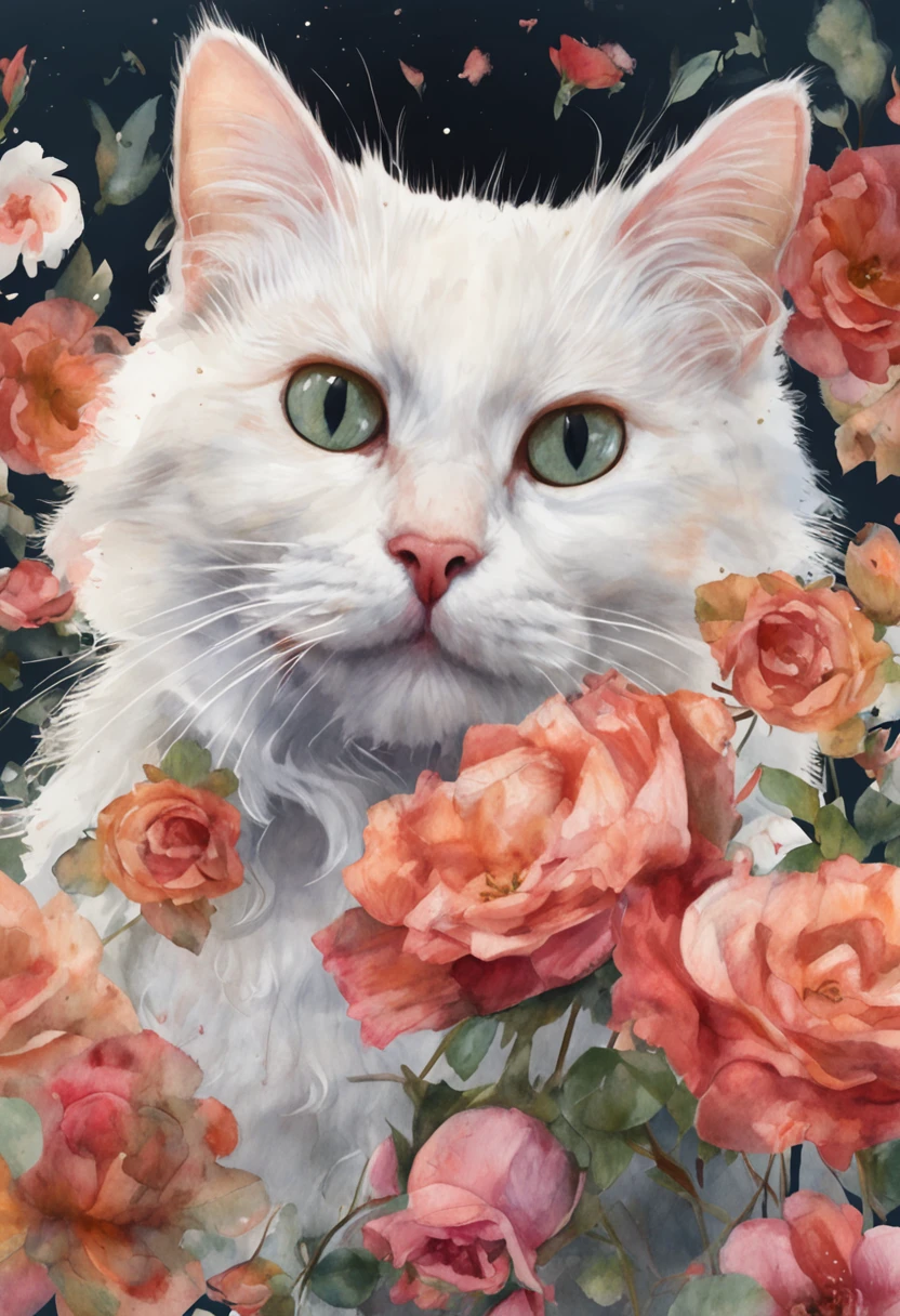 High-quality images、watercolor paiting、White long-haired cat with corolla of Rose sitting、