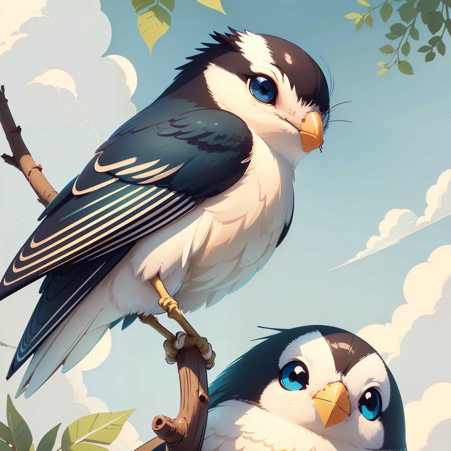 Striped、(Illustration style:1.5)、Little white bird、(high-detail:1.5)、blue-sky、(Little bird perching on a branch:1.2)、Blind eyes、black eyes、