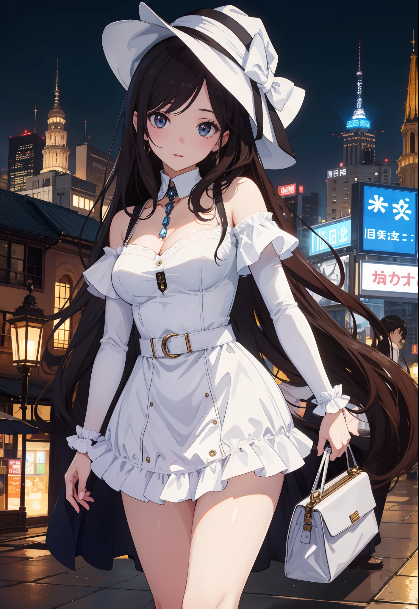 One beautiful woman、Bewitching、Detailed picture、embarassed face、Lustrous skin、brown haired、Very beautiful face、nightcity、neons、White Dress、Chest、White cap、