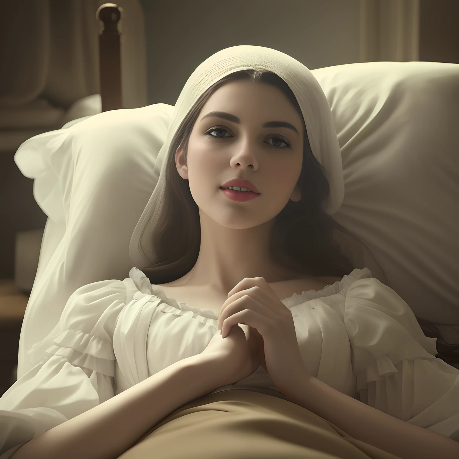 There is a woman lying on the bed with a white head covering, inspirado em Pierre Auguste Cot, inspirado em William-Adolphe Bouguereau, lovely languid princess, pale snow white skin, soft pale white skin, foto retrato suave 8 k, Retrato da Branca de Neve, pintura digital renascentista, Maria Jane Ansell, inspirado em Francesco Hayez