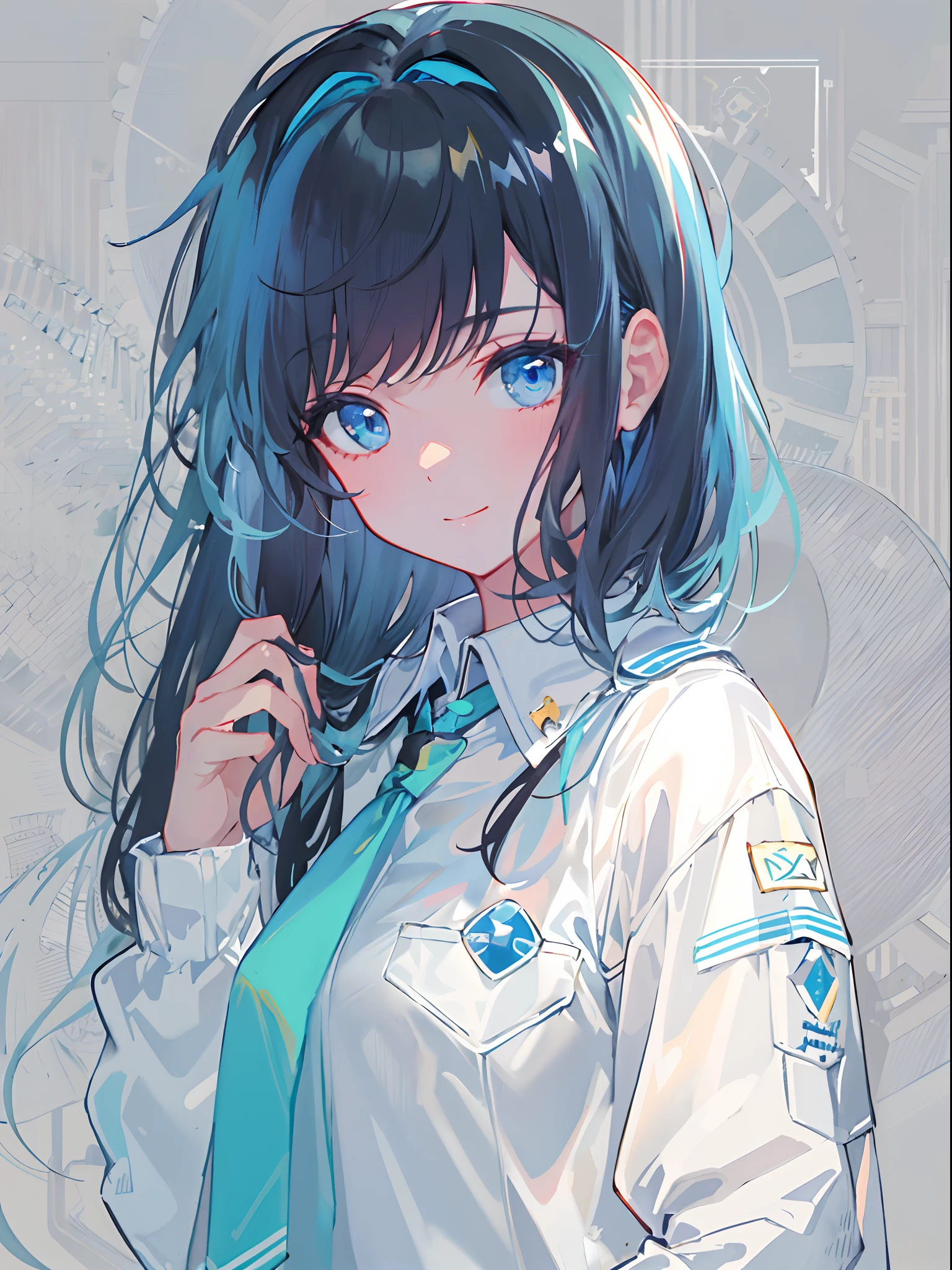 ((top-quality)), ((​masterpiece)), ((ultra-detailliert)), (extremely delicate and beautiful), girl with, 独奏, cold attitude,((Black jacket)),She is very(relax)with  the(Settled down)Looks,A dark-haired, depth of fields,evil smile,Bubble, under the water, Air bubble,bright light blue eyes,Inner color with black hair and light blue tips,Cold background,Bob Hair - Linear Art, shortpants、knee high socks、White uniform like school uniform、Light blue ribbon ties、Clothes are sheer、Hands in pockets