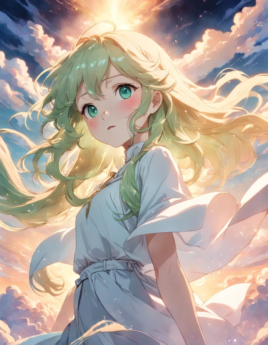 masterpiece, best quality, movie still, 1girl, cloud girl, long and waved blond hair, large green crystal eyes, wearing white casual attire, floating in the sky, close-up, bright, happy, warm soft lighting, sunrise, (sparks:0.7)
