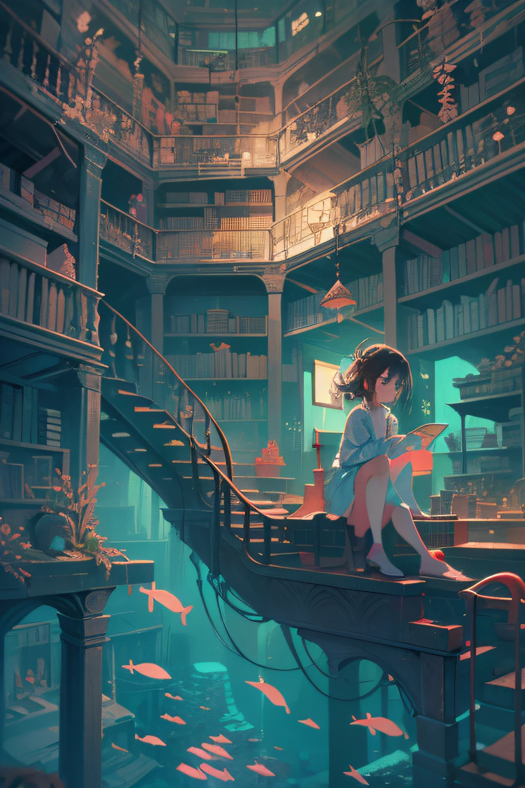In the style of Makoto Shinkai, super fine illustration, best quality, Beneath the sea lies a sunken, fantastical, and nostalgic bookshelf or repository. The structure itself radiates a charm reminiscent of another world, beckoning those who stumble upon it to delve into its depths. Inside, warm-hued lighting bathes the countless books, creating a deeply nostalgic atmosphere that stands in stark contrast to the surrounding deep blue waters. A young girl is seen exploring this underwater library,