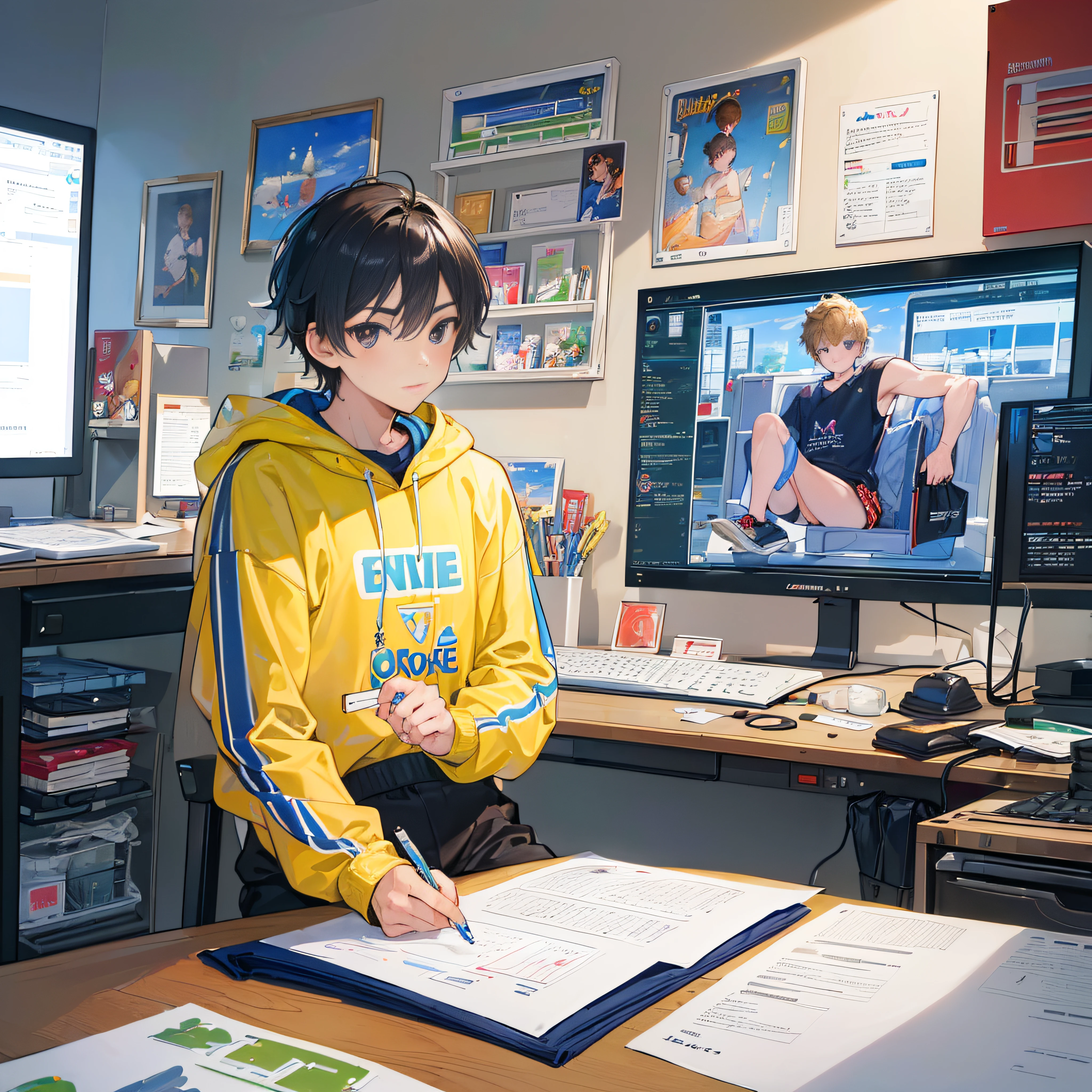 ((best quality)), ((ultra-detailed))). (((Masterpiece))), illustration. A boy with a credit card in hand, carefully filling out a form for buying sparring services in front of the computer, wearing a loose sweatshirt and loose pants. Computer screens and computer desks.